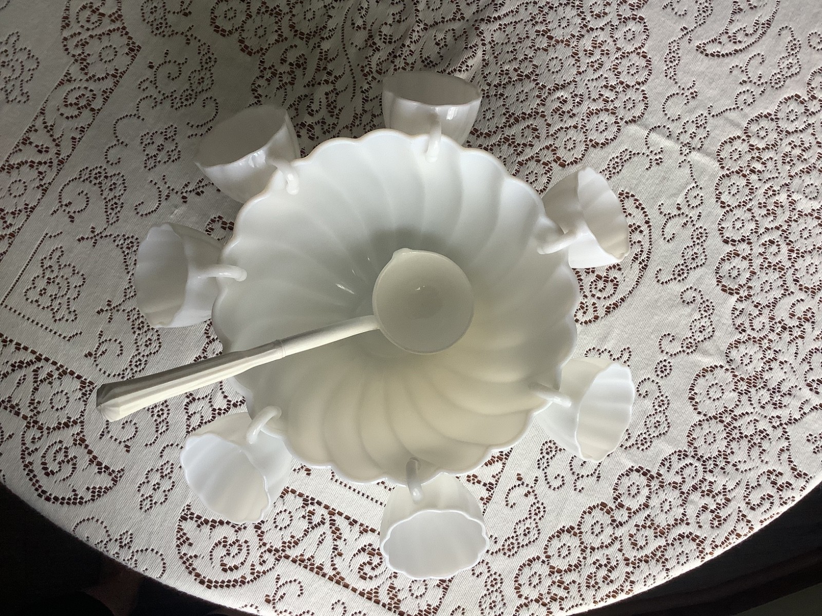 Vtg Hazel Atlas Milk Glass Alpine White Swirl Punch Bowl 12 Cups W Vtg Ladle