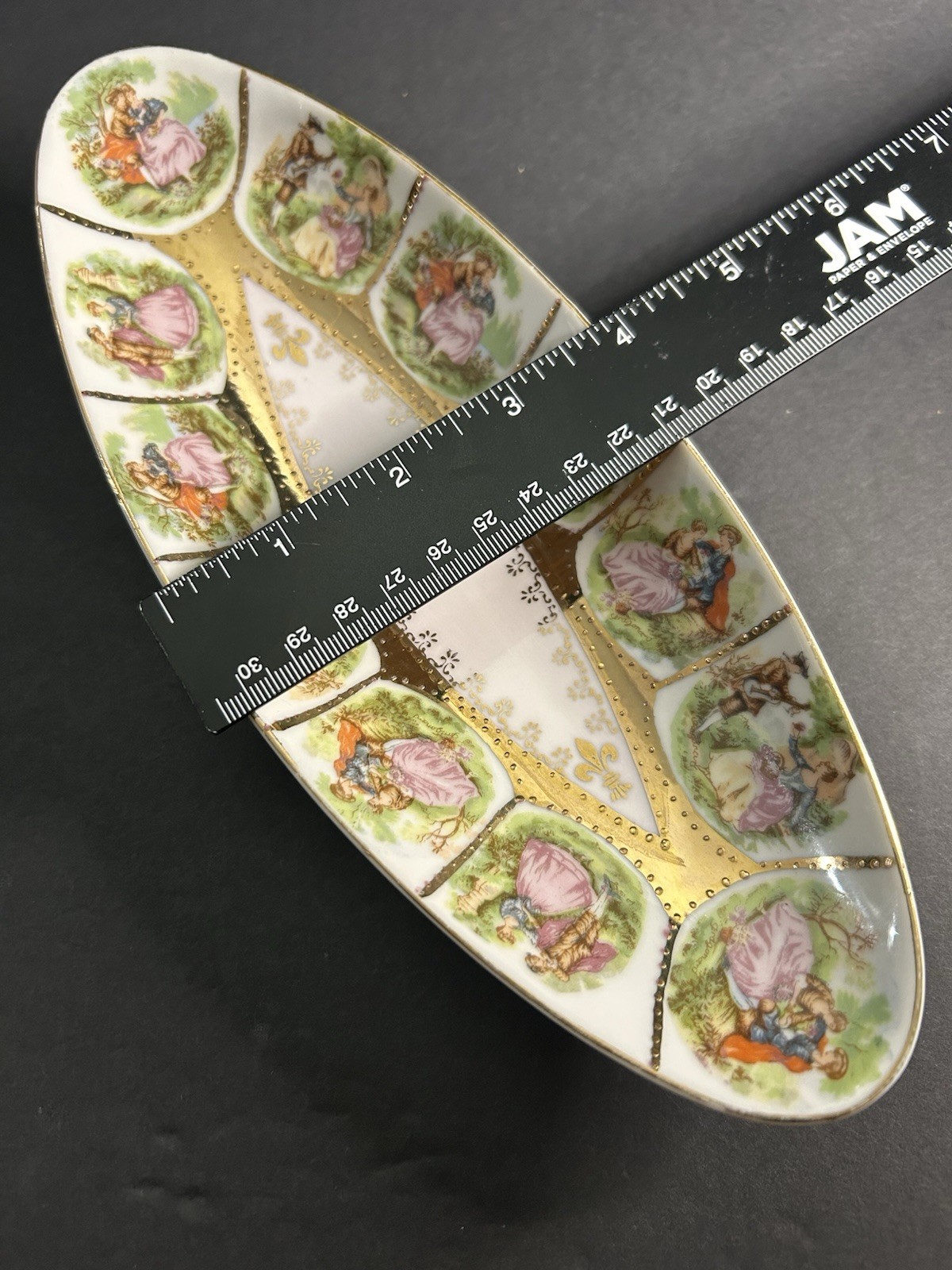 Vintage Arnart Fragonard Courting Couple Porcelain Relish Dish Gold Gilt 9.75”