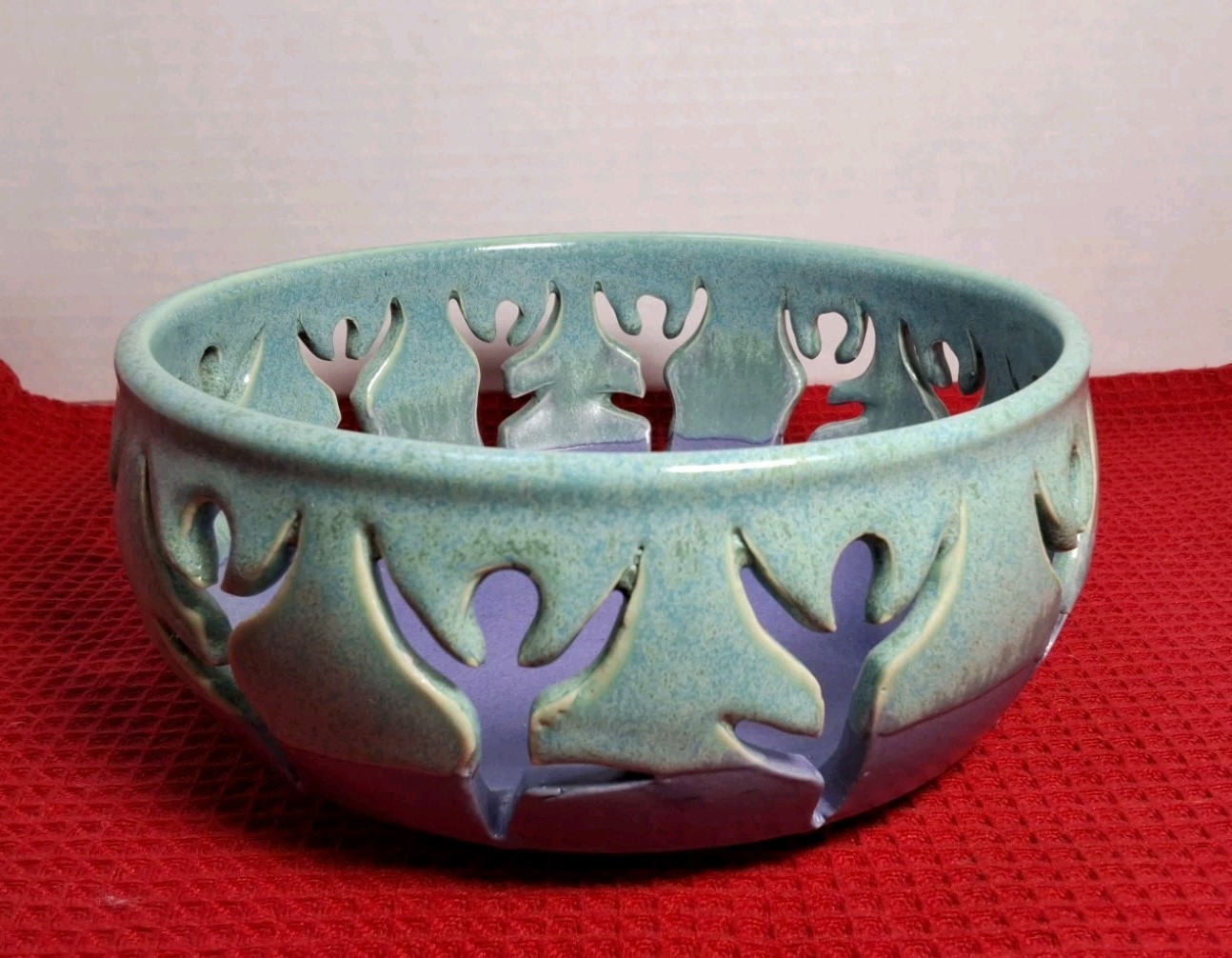 Handcrafted Studio Art Pottery Bowl Dancing Ballerina People Aqua & Purple