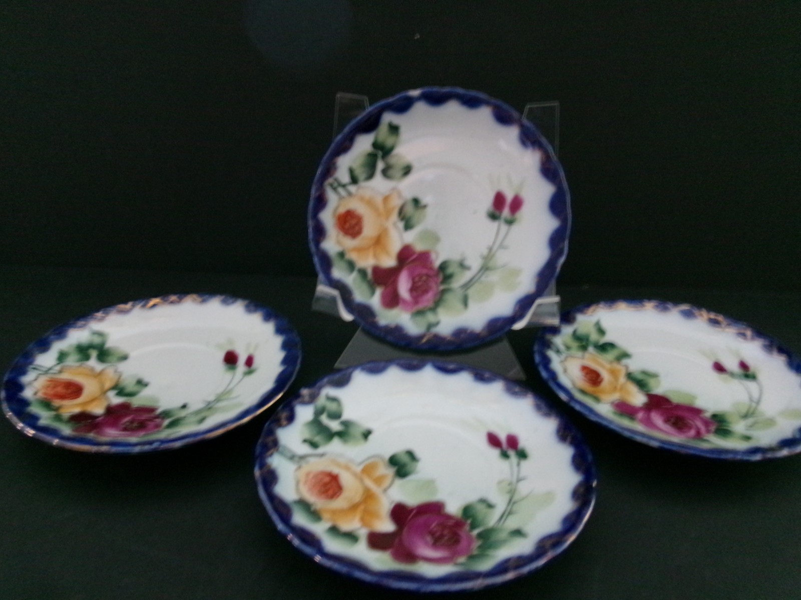 vtg Nippon TE-OH 4 hand painted cobalt blue edge yellow/pink roses saucers