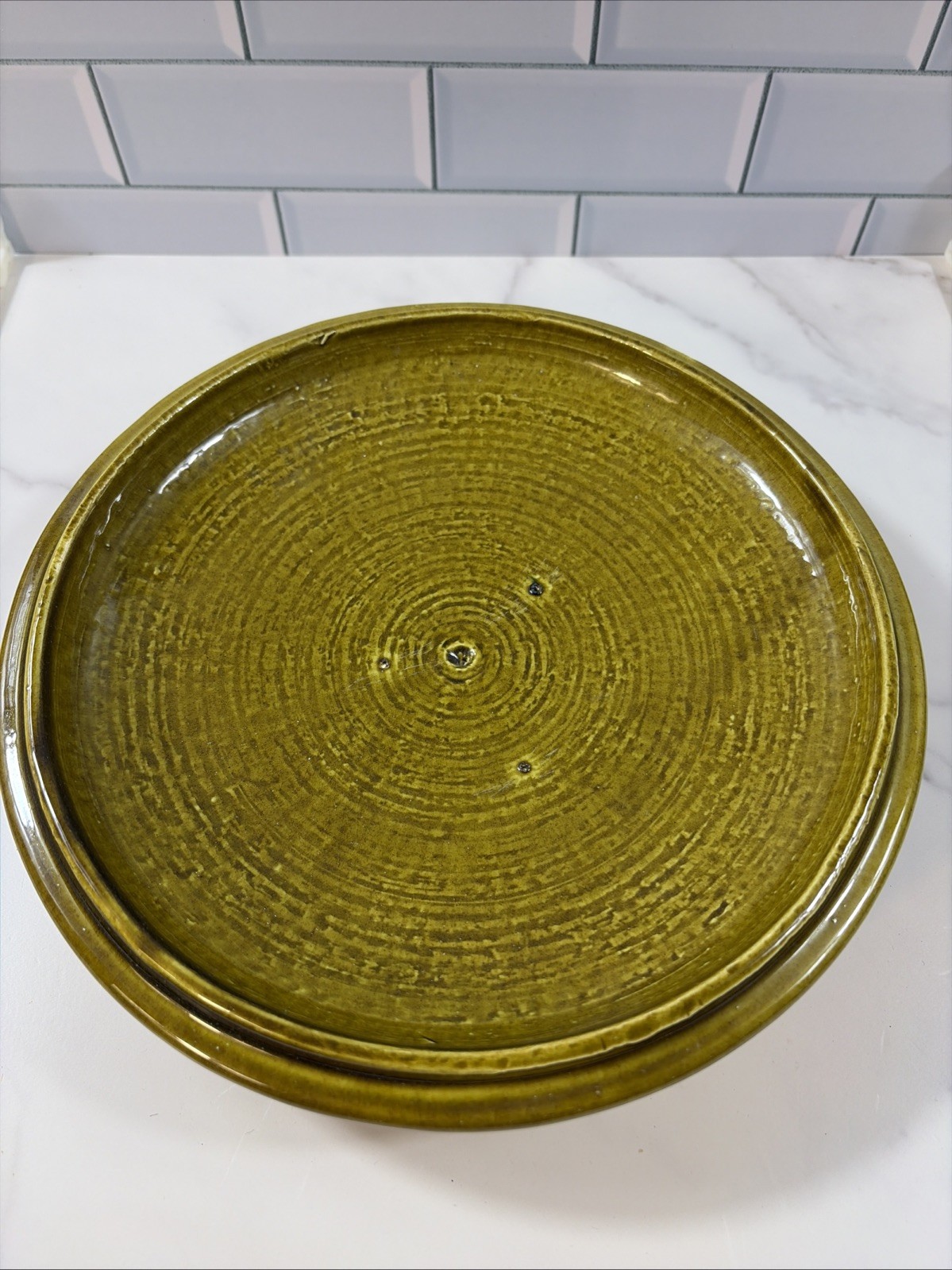 Vintage USA Olive Green Casserole Dish Bowl Lid Pottery Stoneware; MCM Beauty!!