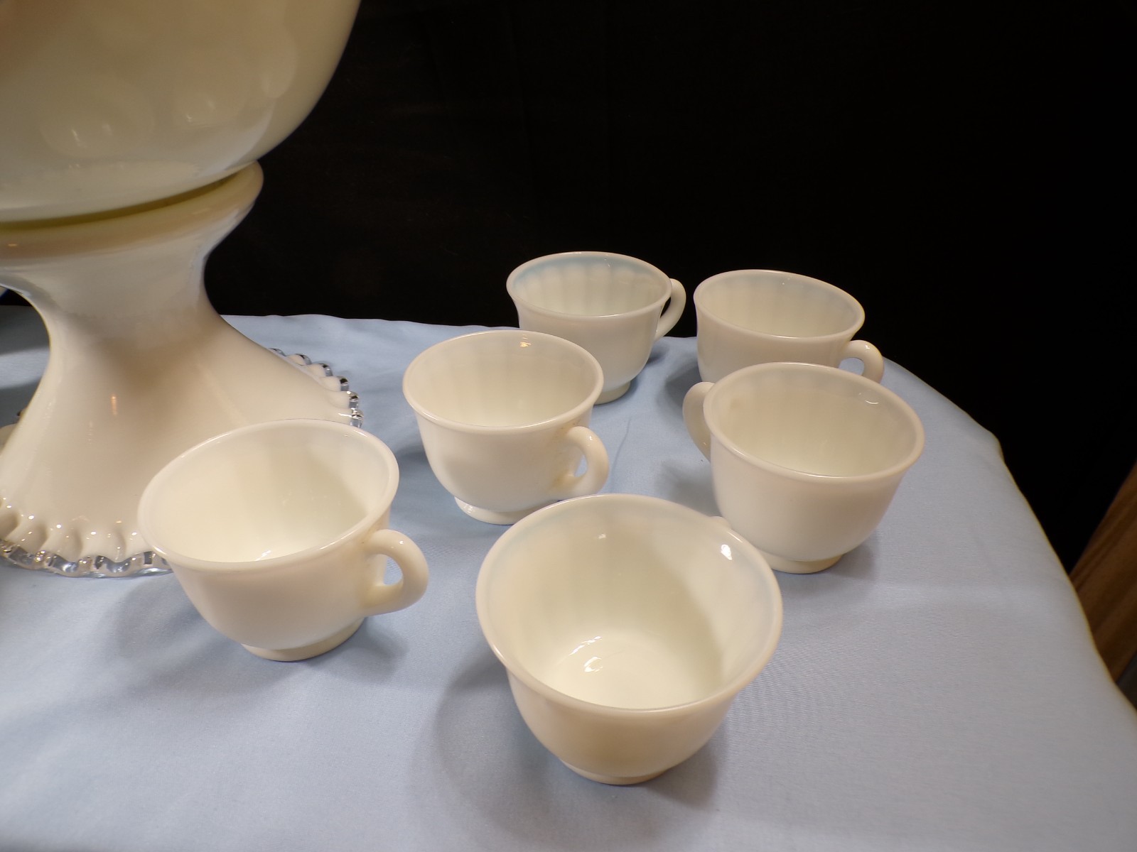 Very Large Fenton Milk Glass Silver Crest Punch Bowl Set w/ Stand & 12 Cups