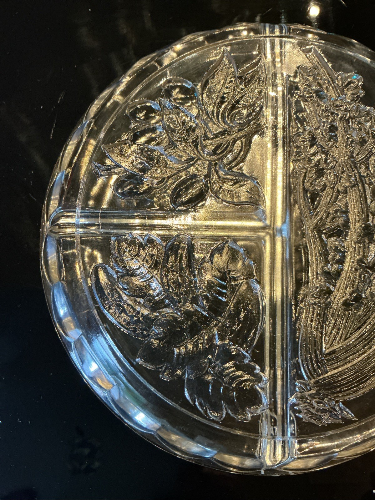 Vintage Indiana Glass 7.5” Round Divided Embossed Relish Vegetable Dish