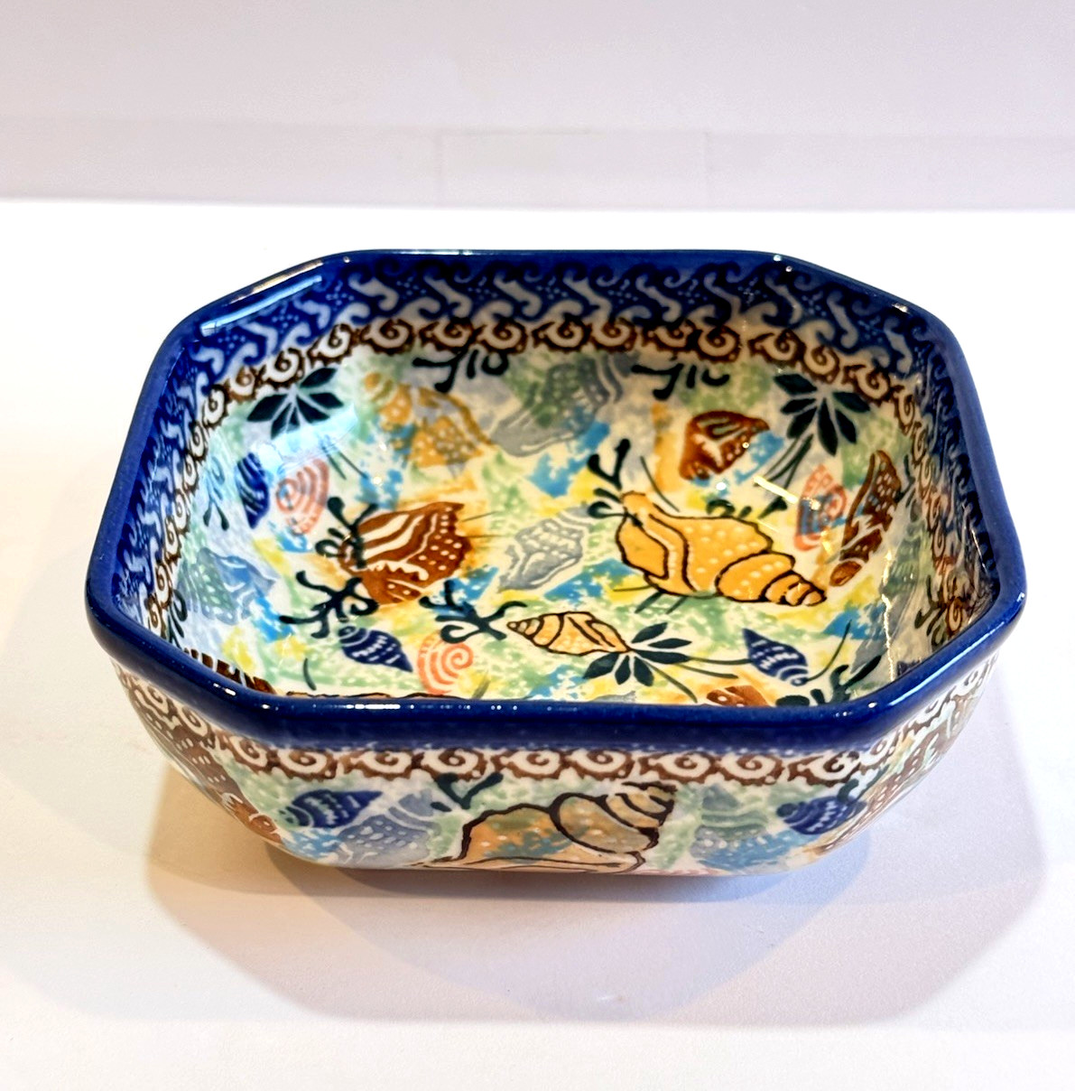 Unikat 1899 Poland Pottery Square Bowl Dish Seashell Waves 5″ D Skiba Hand Made