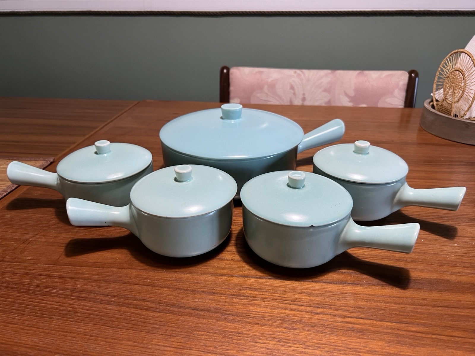 Vintage La Solana Pottery Aqua Blue 10 Pc Covered Handled Dish Bowl Set