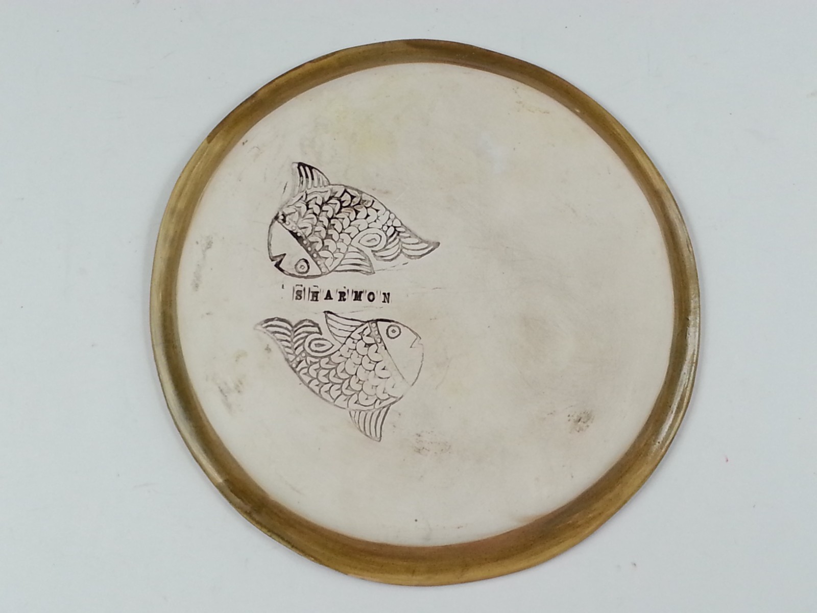Art Pottery Round Tray Artisan Signed Sharmon 11.5 Inch Platter Om Sign