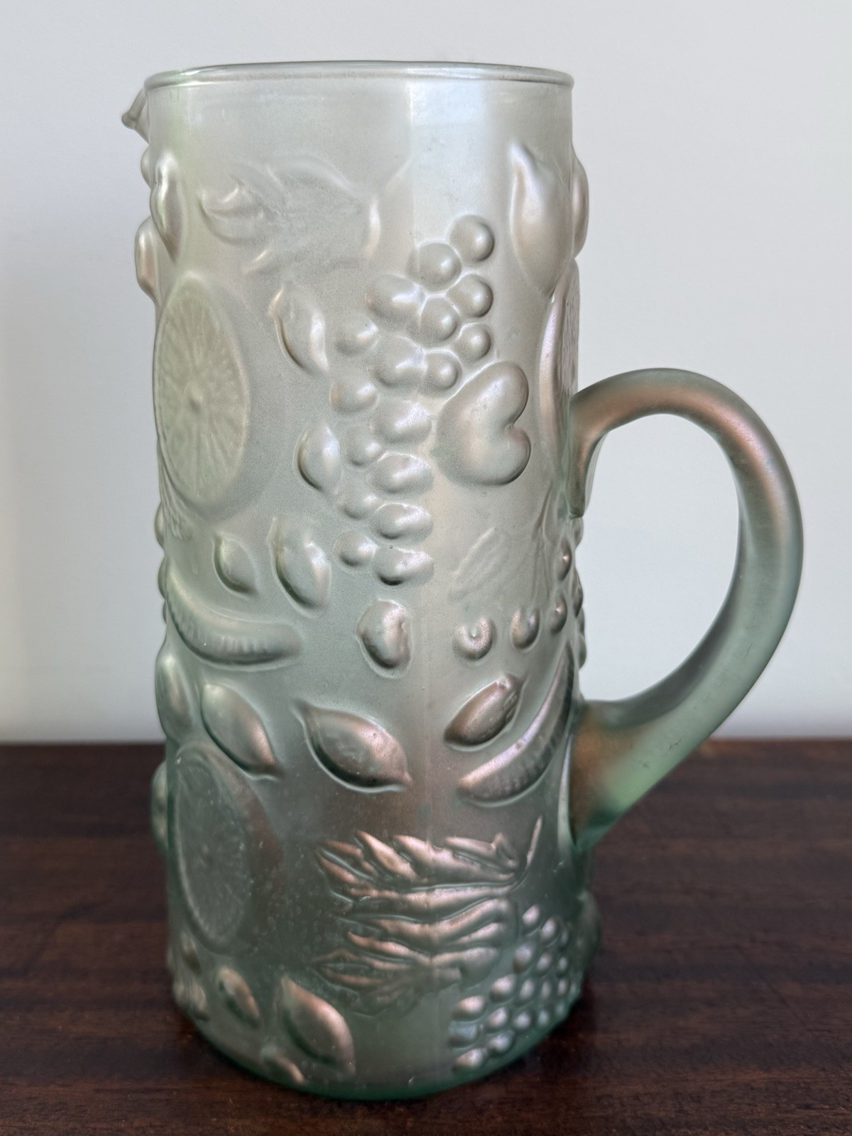 Vintage Ittala Frutta Green Opalecent Tall 9 3/4” Pitcher, Pre Owned.