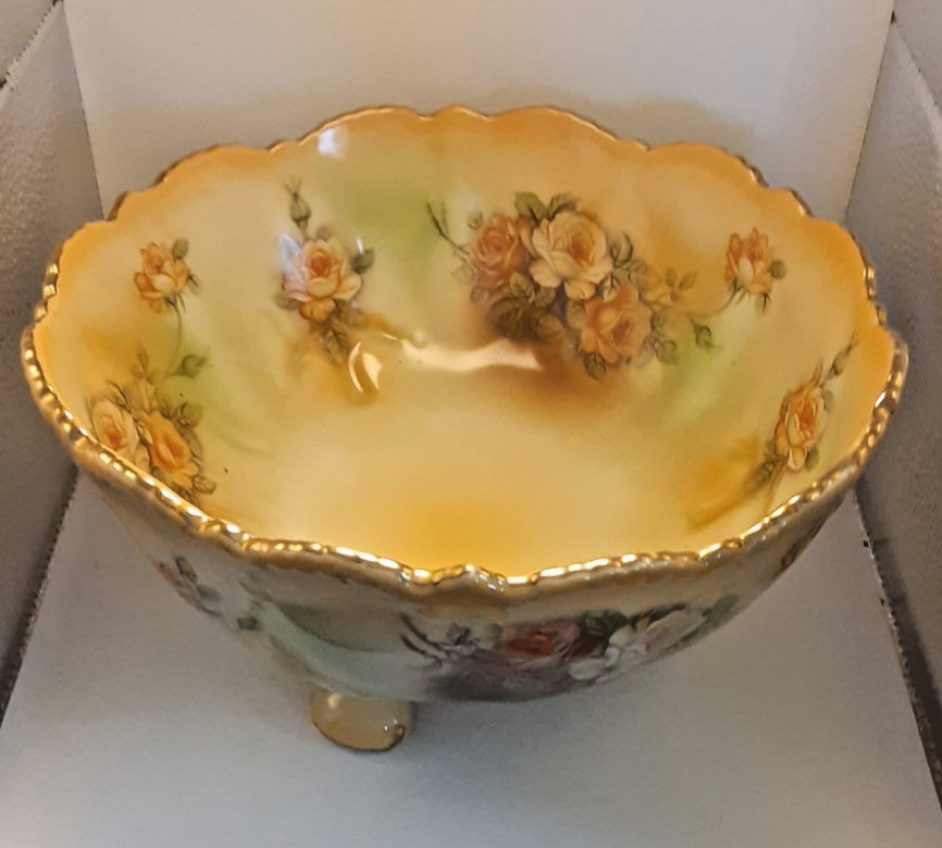 Antique R.S. Prussia Red Mark Hand Painted Floral Scalloped 10″ Bowl Gold Trim