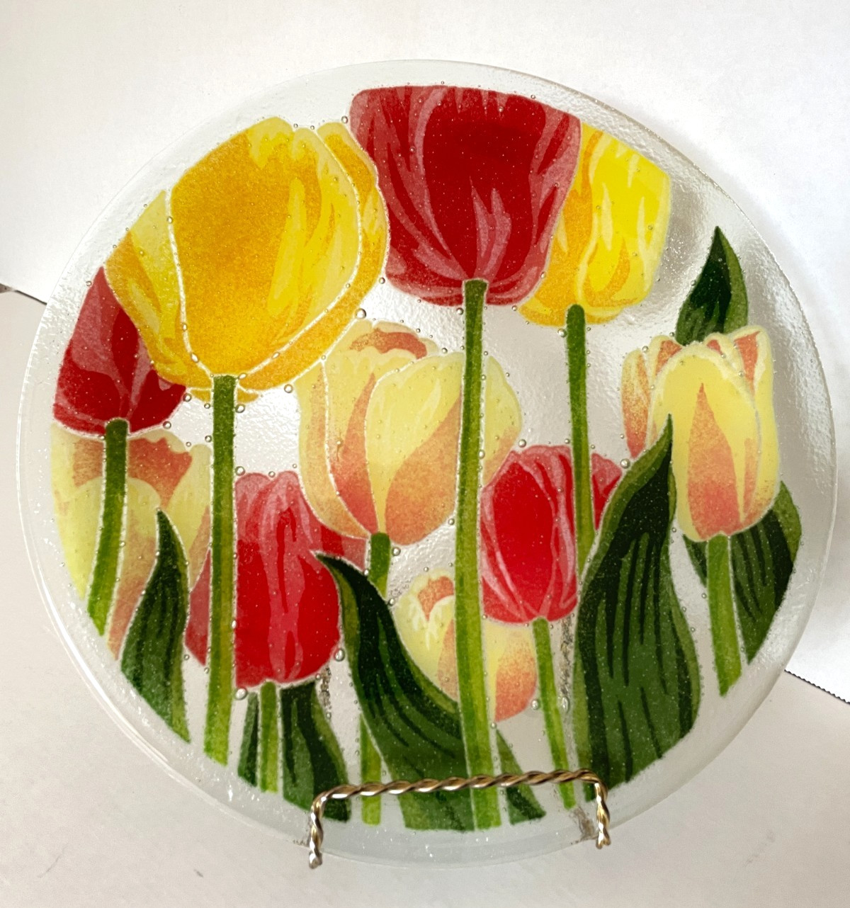 Peggy Karr Tulips Fused Art Glass Plate 11″ Floral Home Decor Cottagecore 2008
