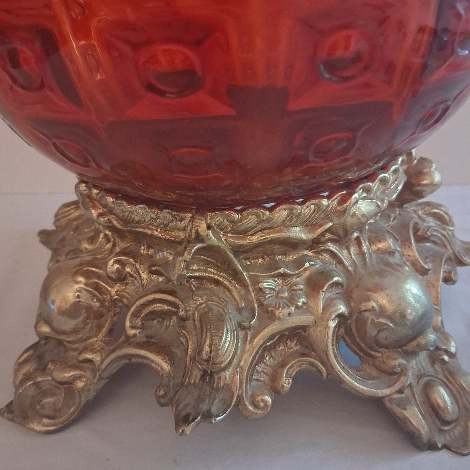 Antique Pitman Dreitzer Amber Glass Punch Bowl With Brass Stand 8″