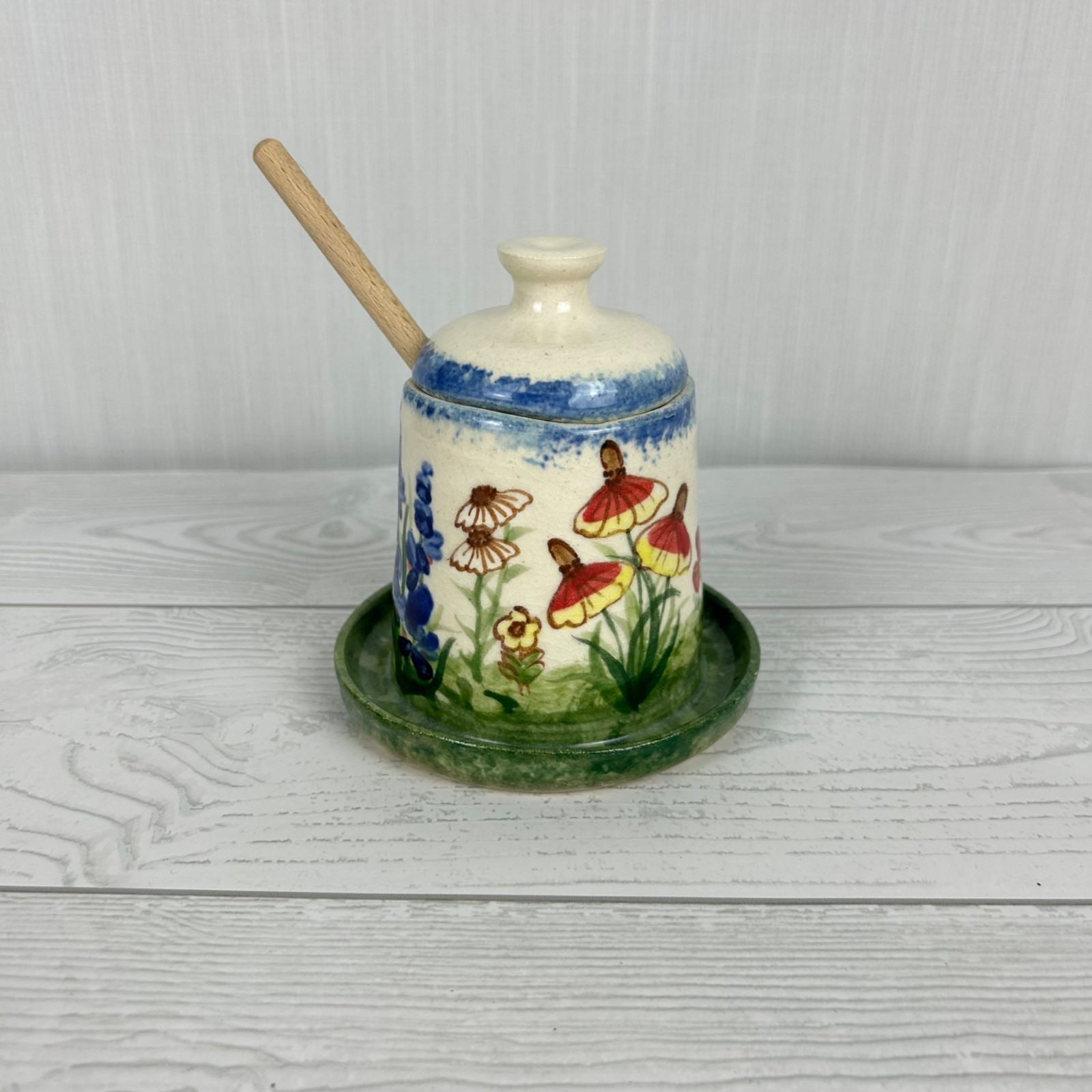 Handcrafted Ceramic Honey Pot Botanical Design Lid & Dipper Artist signed MDE