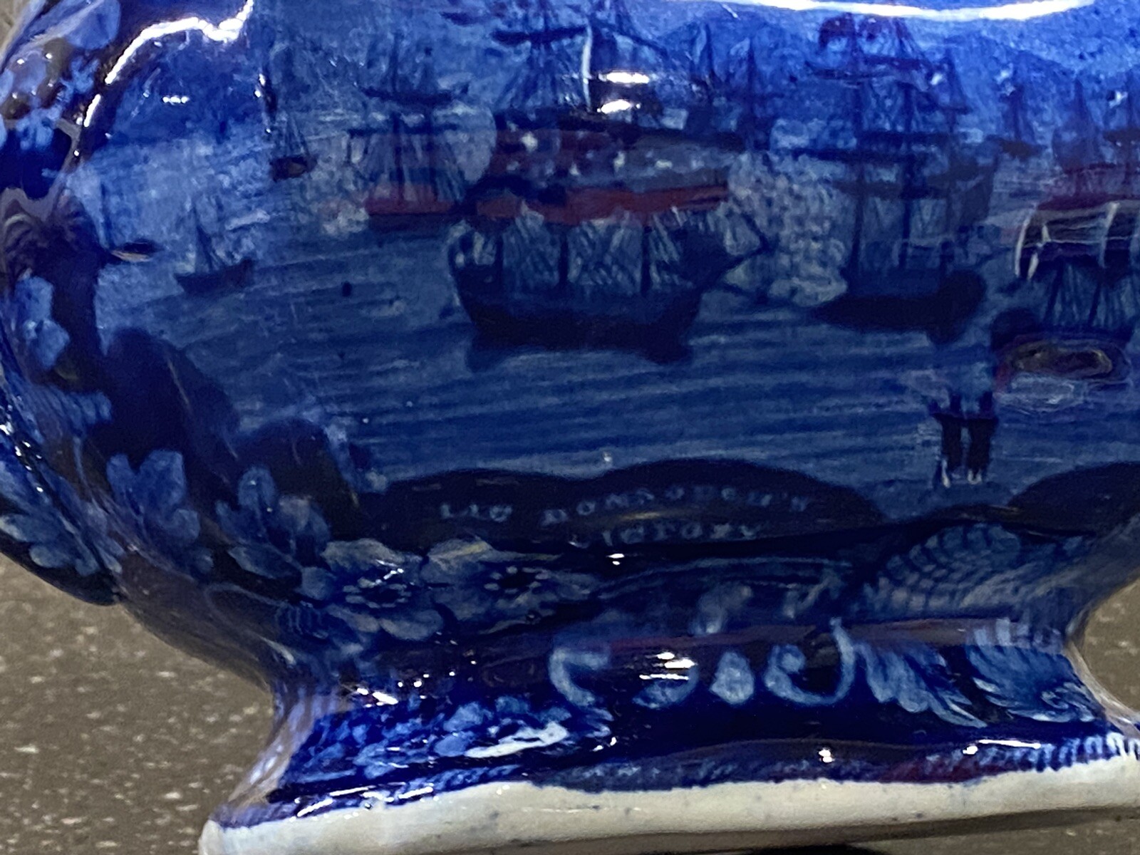 Historical Staffordshire Blue Teapot Macdonough’s Victory Ca. 1825