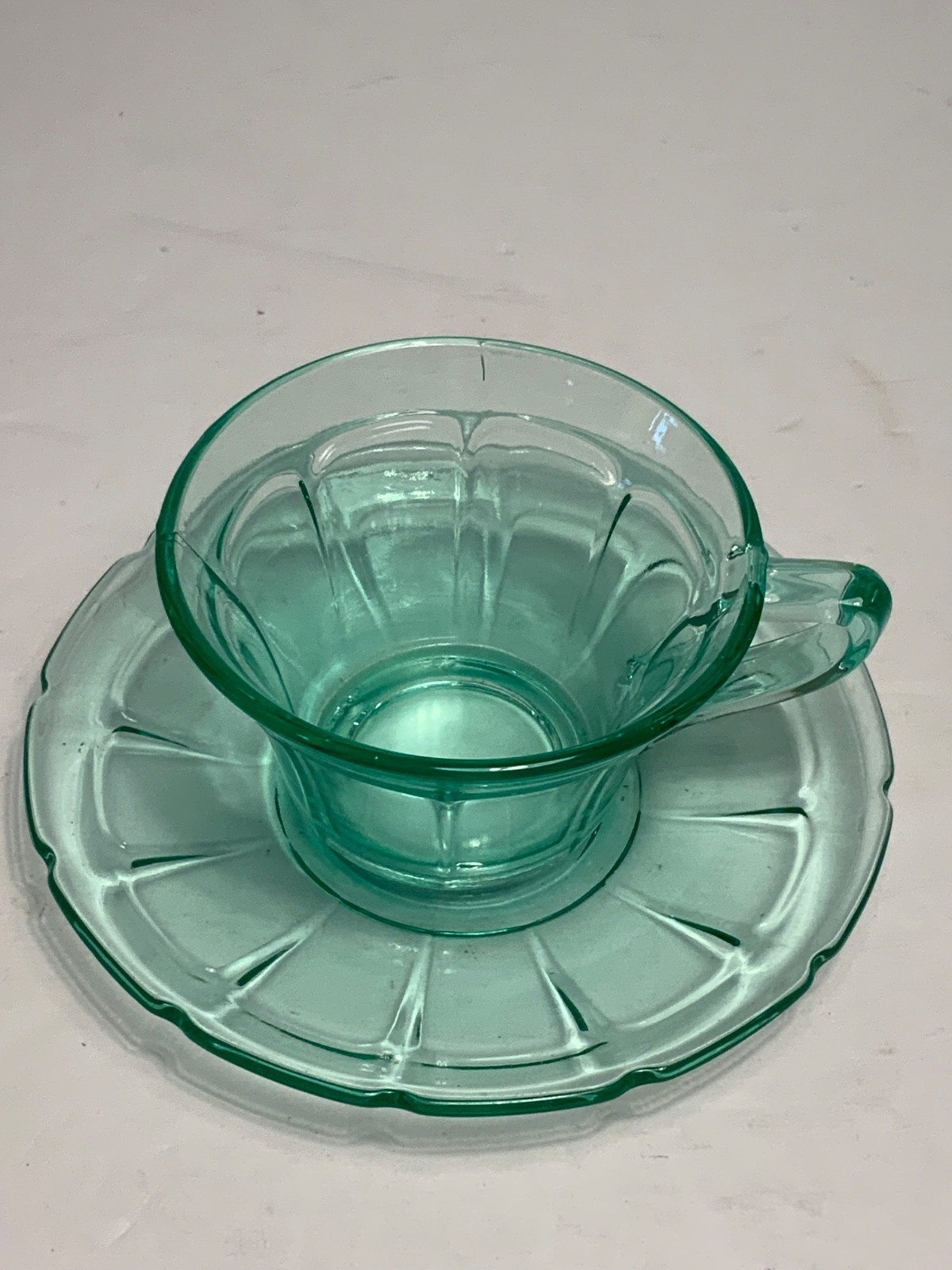 Set of 2 Vintage Diamond Glass Co. Victory Green Uranium Glass Cups & Saucers