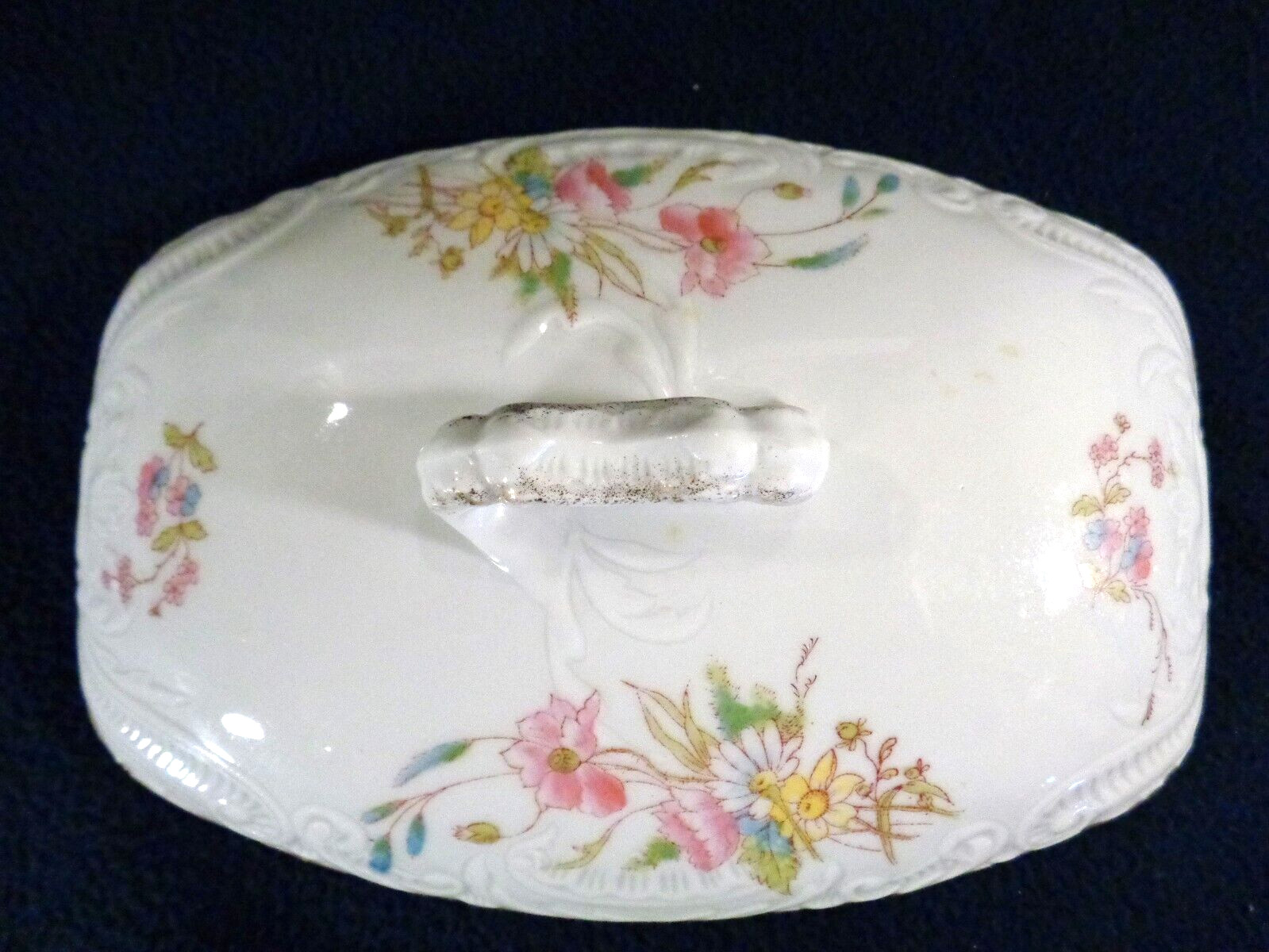 Unmarked Rectangular Covered Vegetable Dish Scalloped Pink Yellow & White Floral