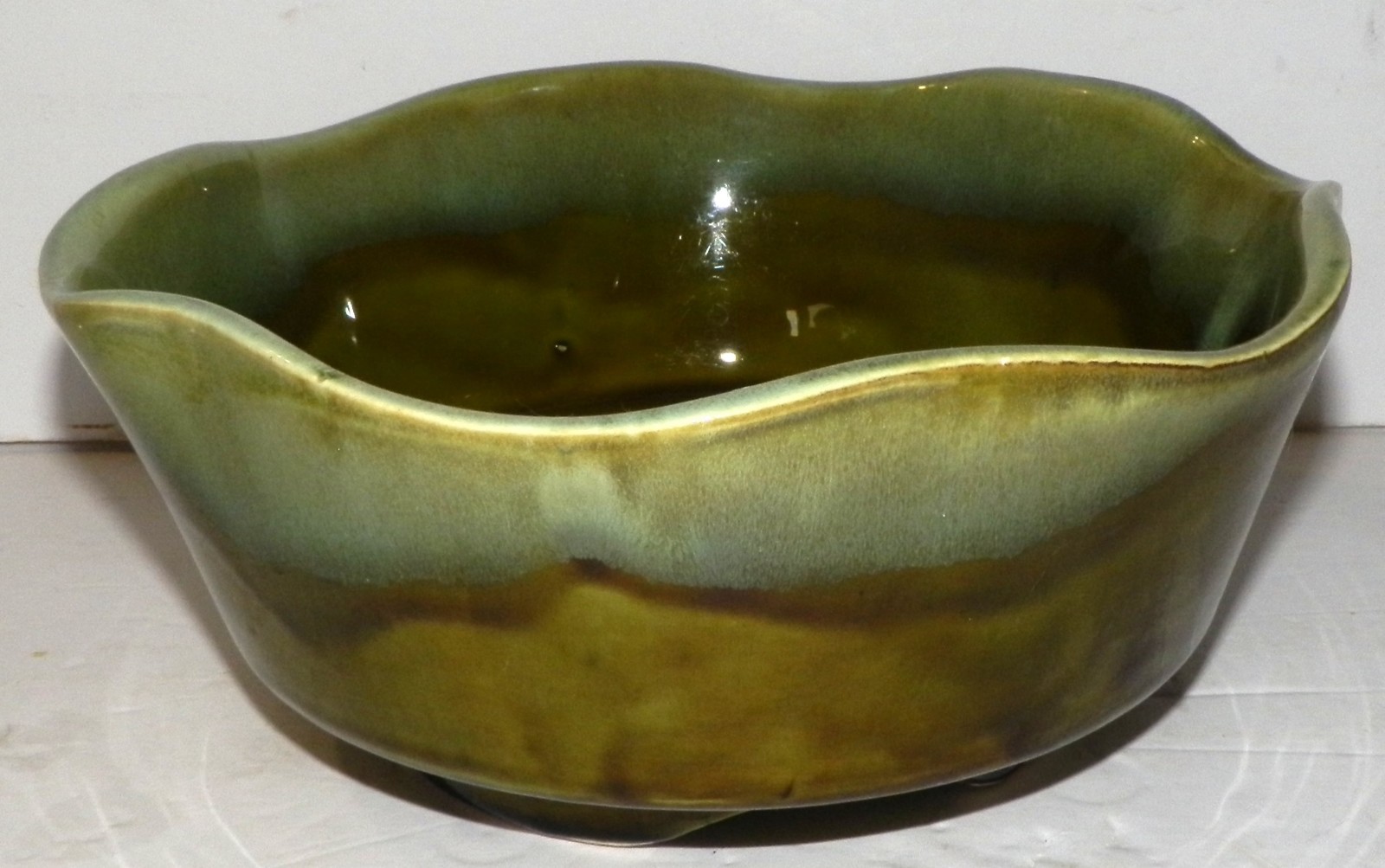 Vintage Art Pottery Bowl Green Ombre Drip Glaze Ruffled by Judy of California