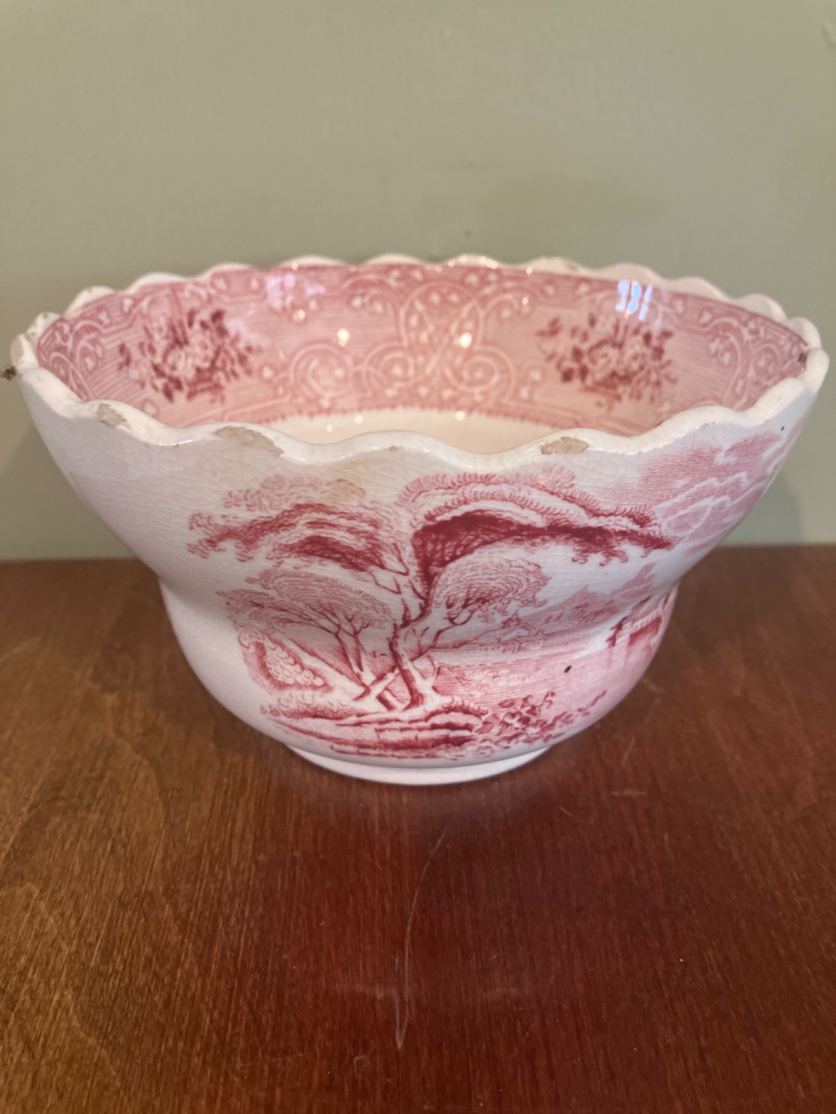 antique John Mayer & red transfer Roselle bowl 3 1/2 inches high