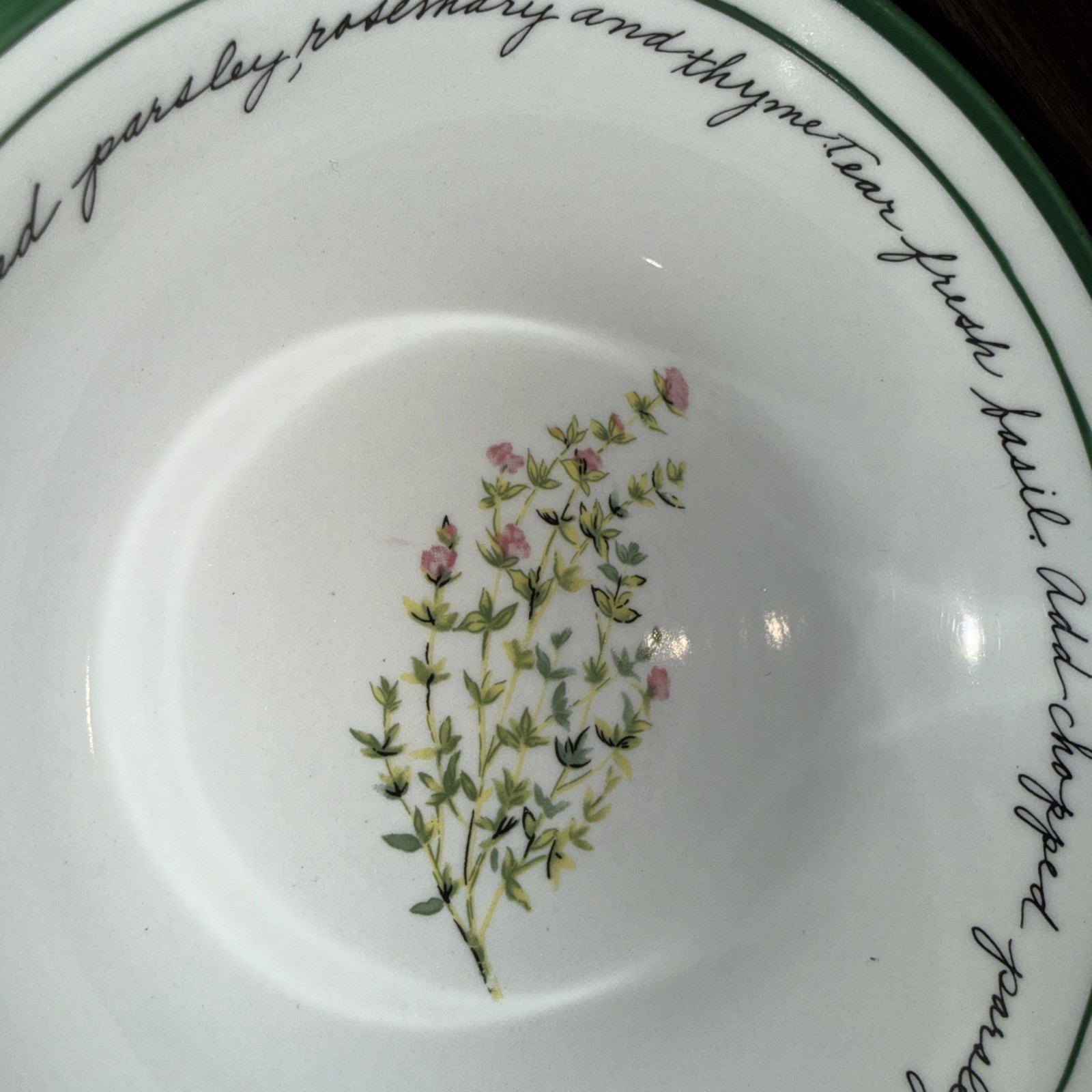 Gibson Herb Gardens Bowl Set: 4 bowls 7.25in and 1 bowl 10in Recipe Script Rim