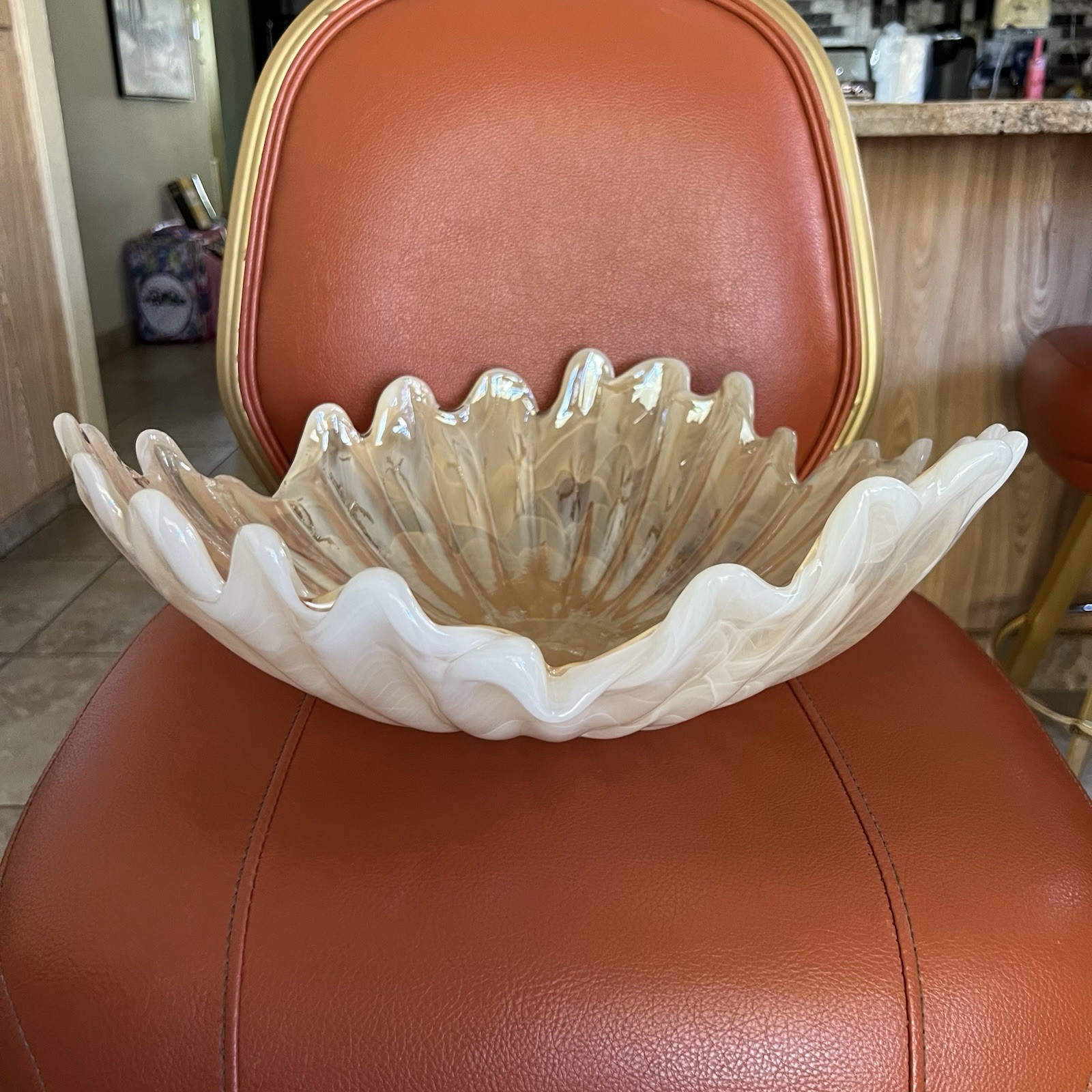 Murano Art Glass XL White Cream Freeform 3-Leaf Clover Center Bowl Italy 16″dia
