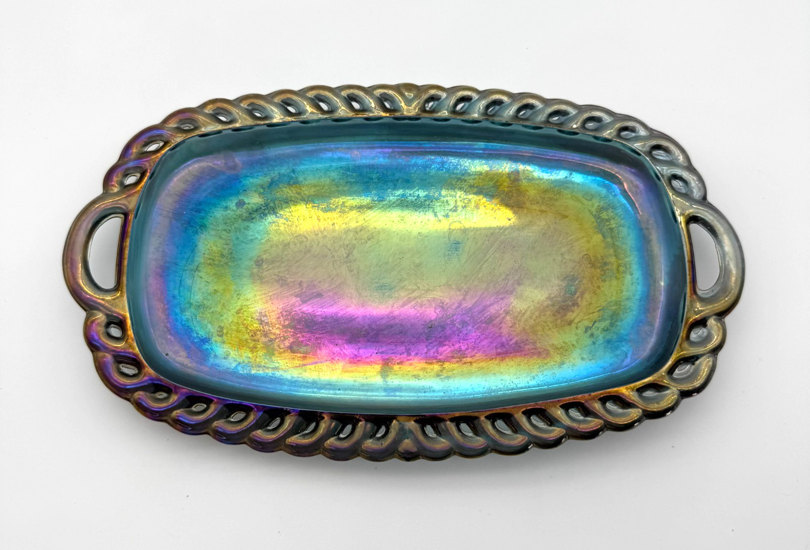 Vintage Indiana Iridescent Blue Carnival Glass Trinket Dish/Tray Harvest Grape