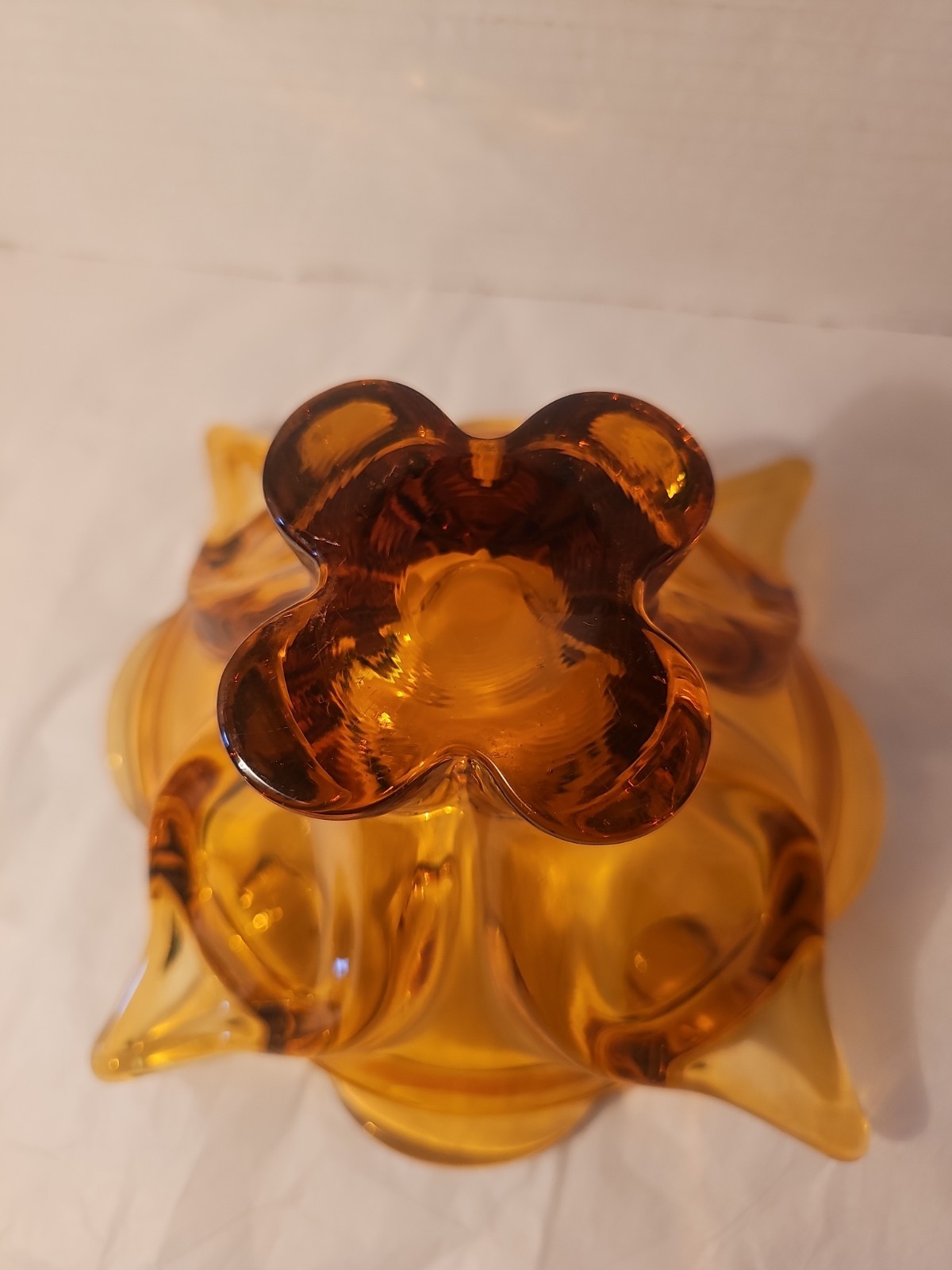 Viking Amber Chalet Four Point Ruffled Art Glass Bowl Dish Tray Vintage 9.25 In