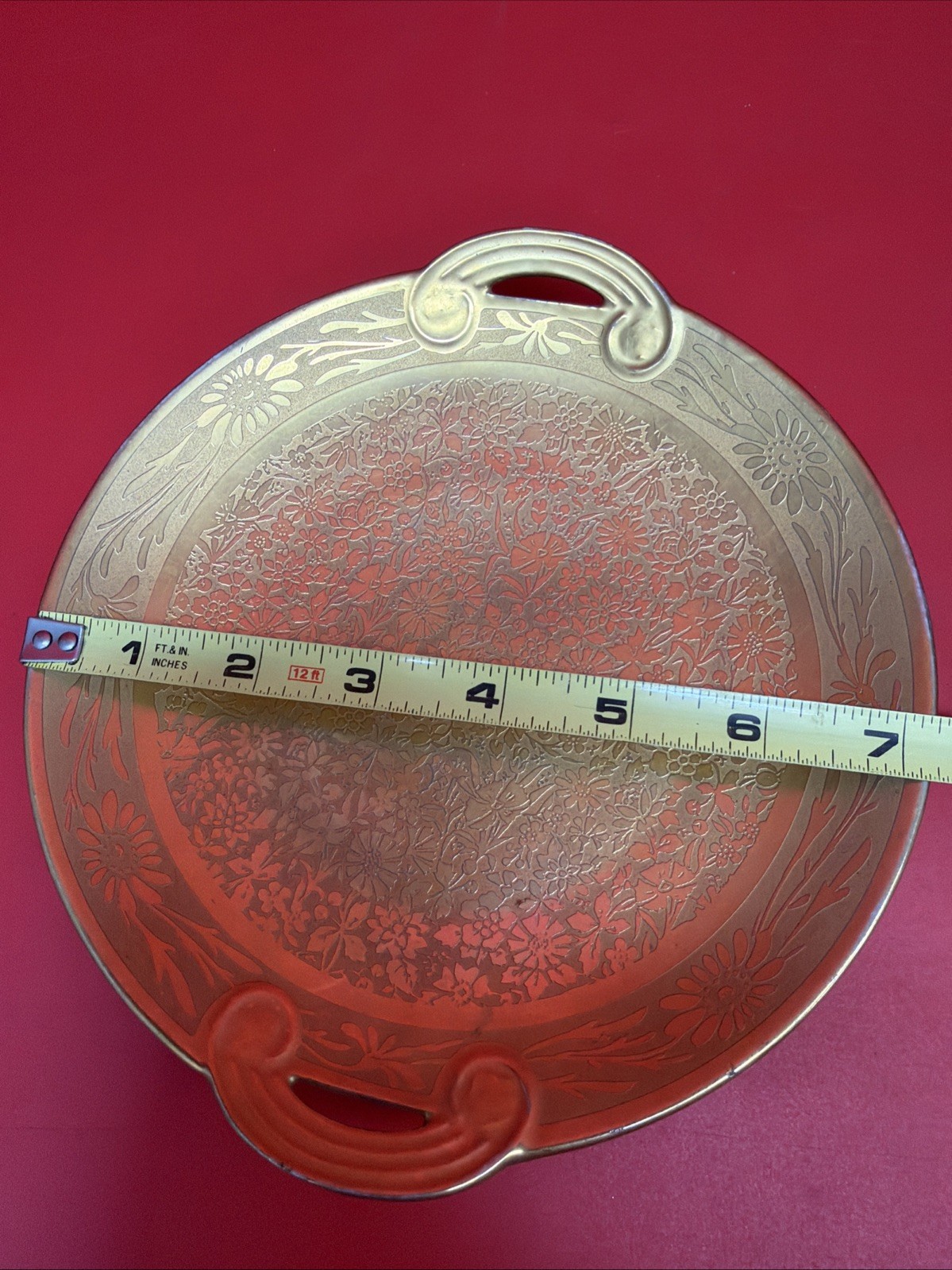 Vintage Gold Gilt Porcelain Handled Serving Plate Floral Etched 7.35” Round Tray