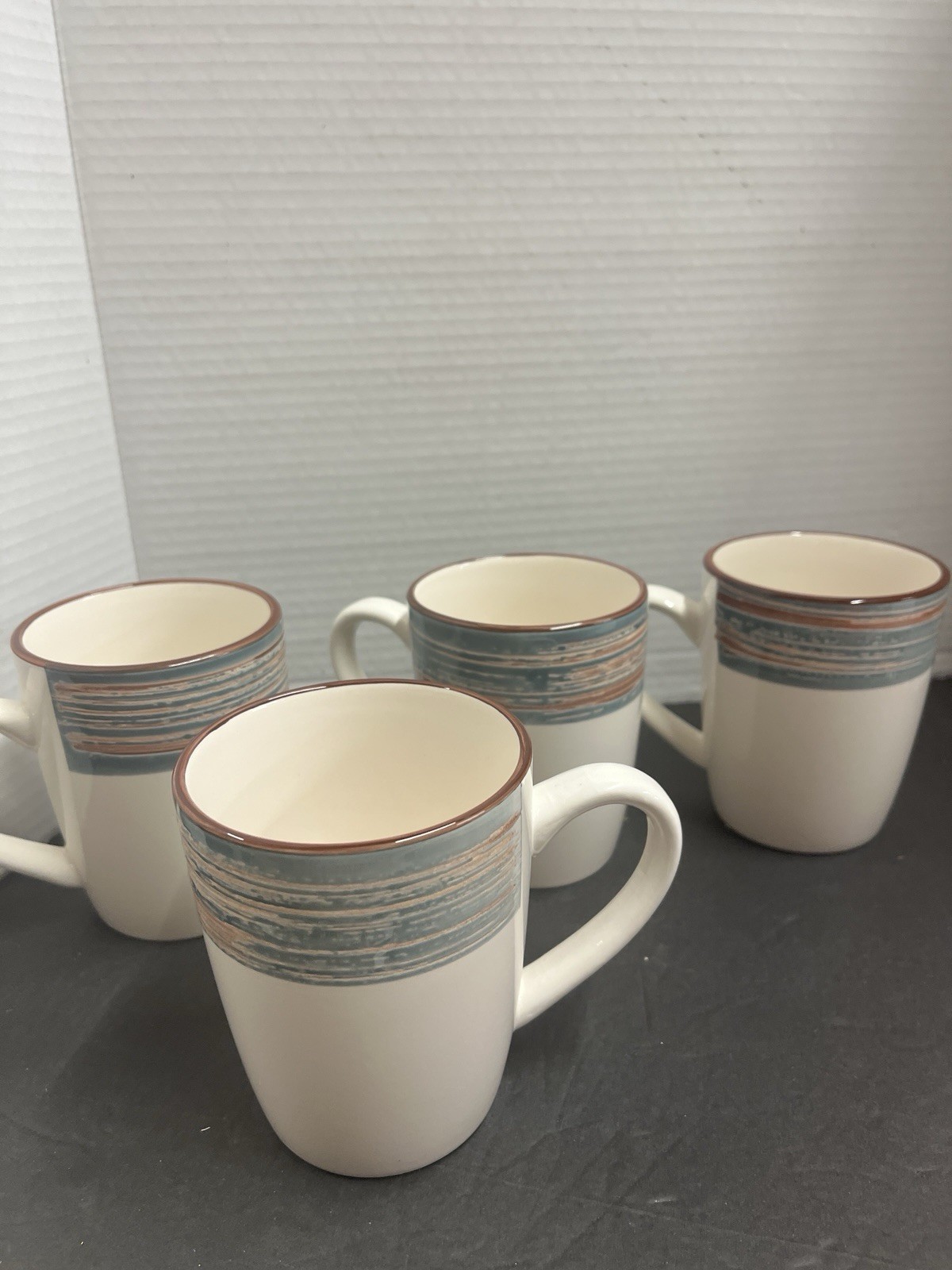 4 Citrus Grove Coffee Mugs Swirl Stripe Pottery Blue Gray Sunset