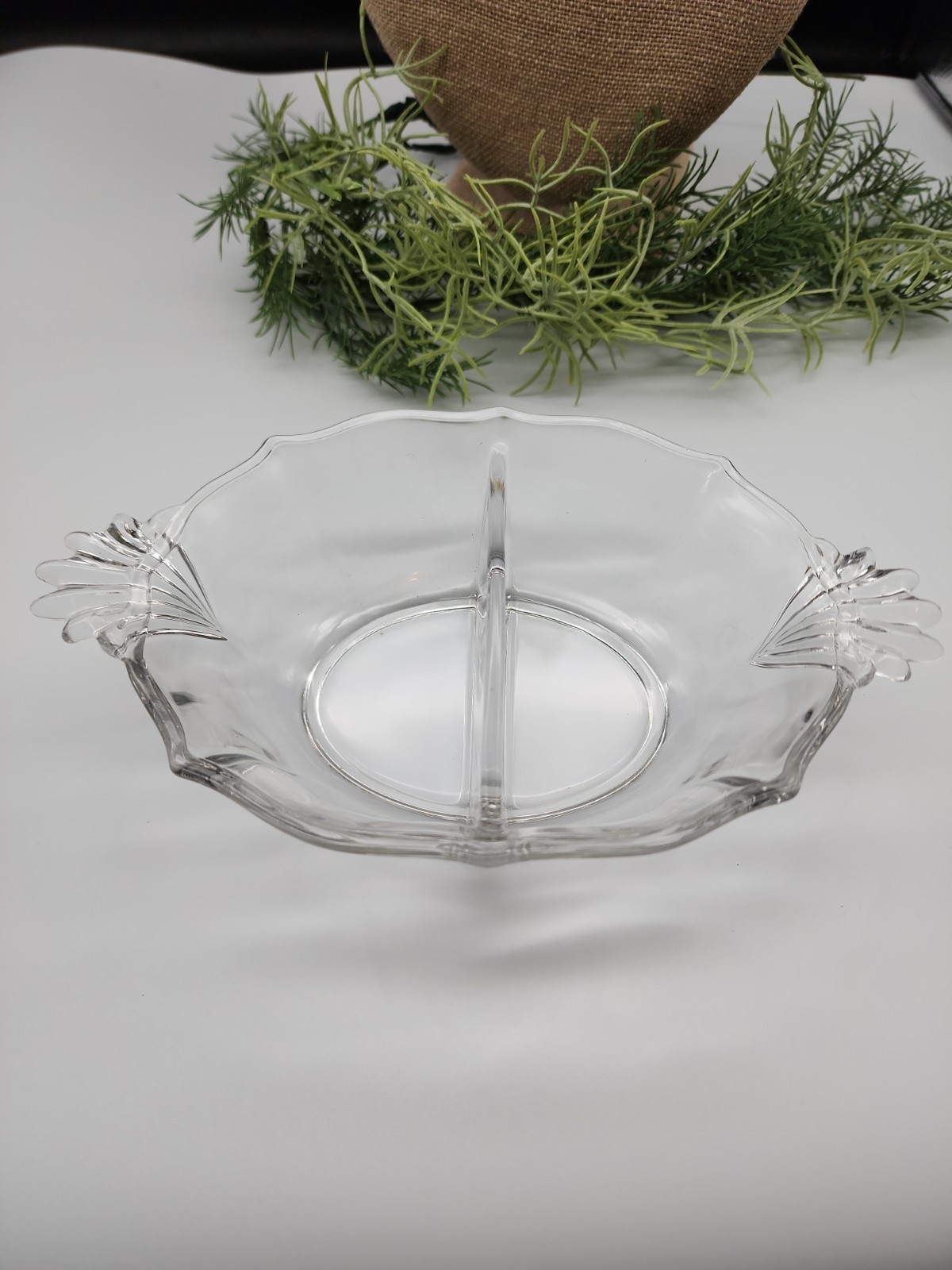 Vintage Clear Glass Divided Relish Dish Fan Handles Mid-Century Serving Bowl