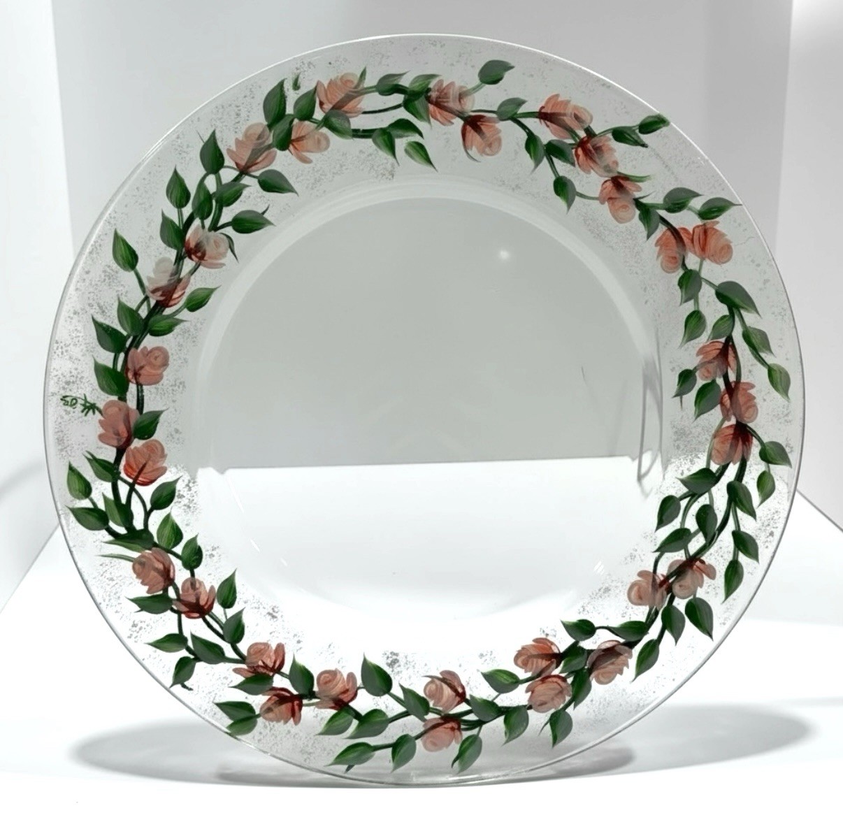 Hand Painted Pink Roses Clear Glass 14 Inch Serving Plate