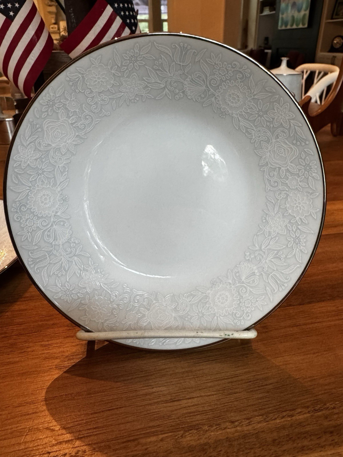Vintage Ravel Noritake China White / Blue Lace Trim / Platinum Edge Fruit Bowl