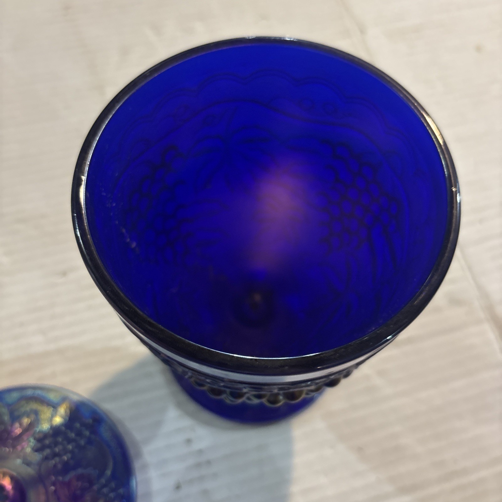 Imperial Blue Carnival Glass Harvest Grape Candy Dish Lid Compote With Sticker
