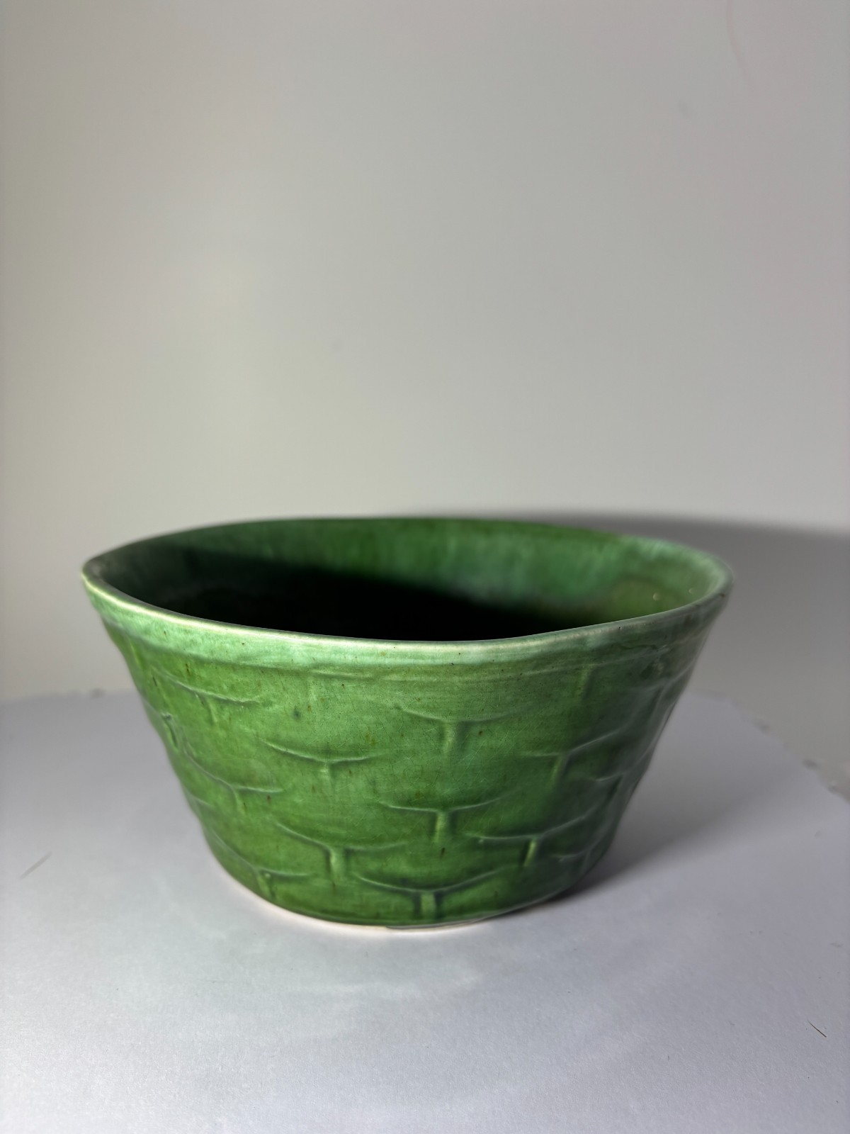 Vintage Green Glazed Pottery Bowl – Basketweave Texture, USA Marked JP22
