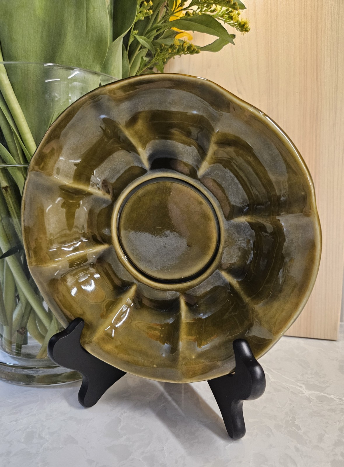 Vintage McCoy Olive Green Onyx Drip Petal Rim Console Bowl 8” USA Mid Century