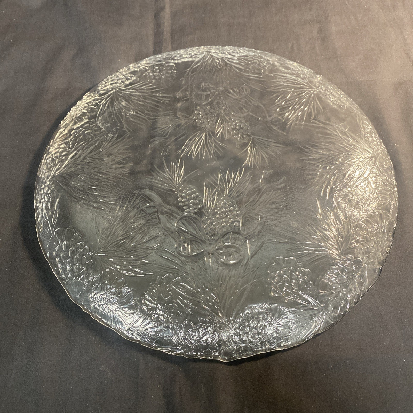 13″ Clear Holiday Round Platter Serving Glass Embossed Pinecones & Bows- Vintage
