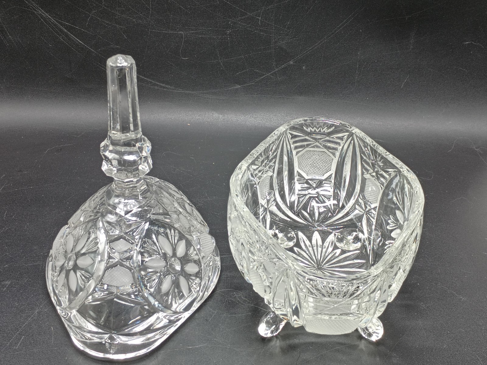 Vintage Large Heavy Etched Crystal Covered Oval Candy Dish Floral