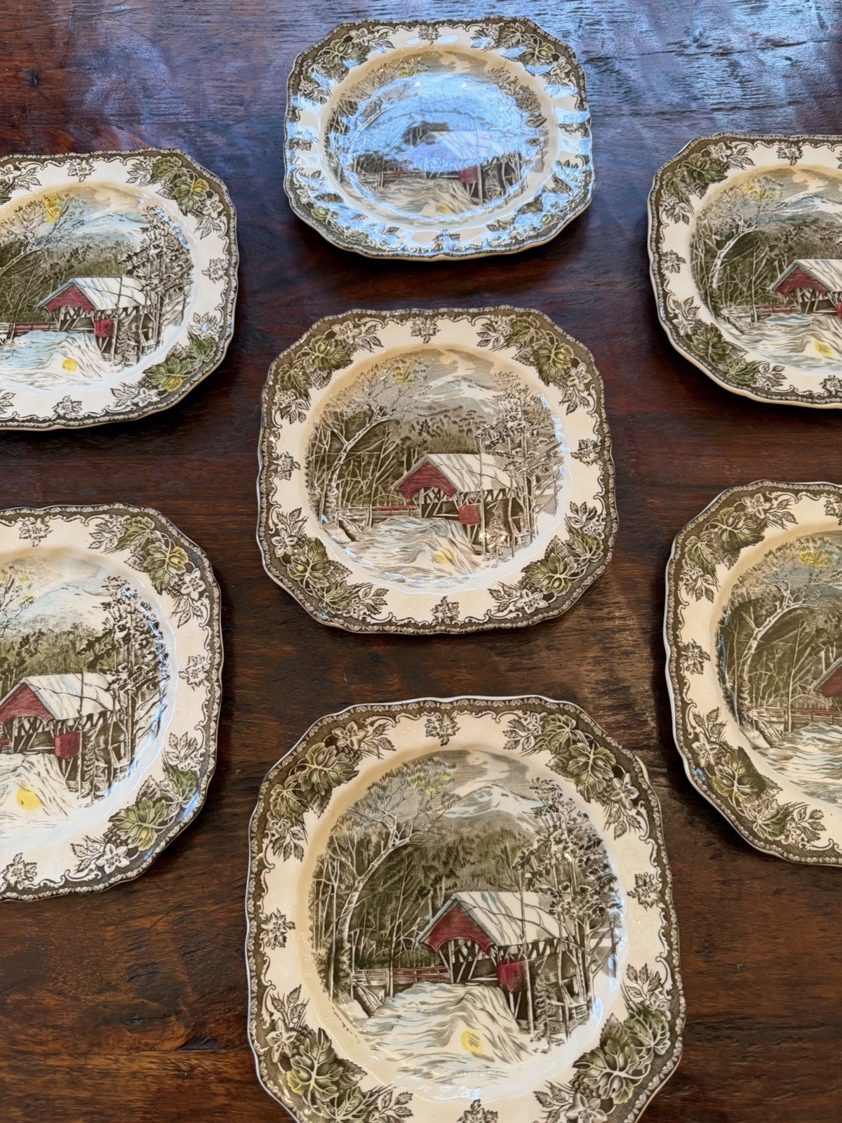 Lot Of 7 Johnson Bros The Friendly Village Square Salad Plates Covered Bridge