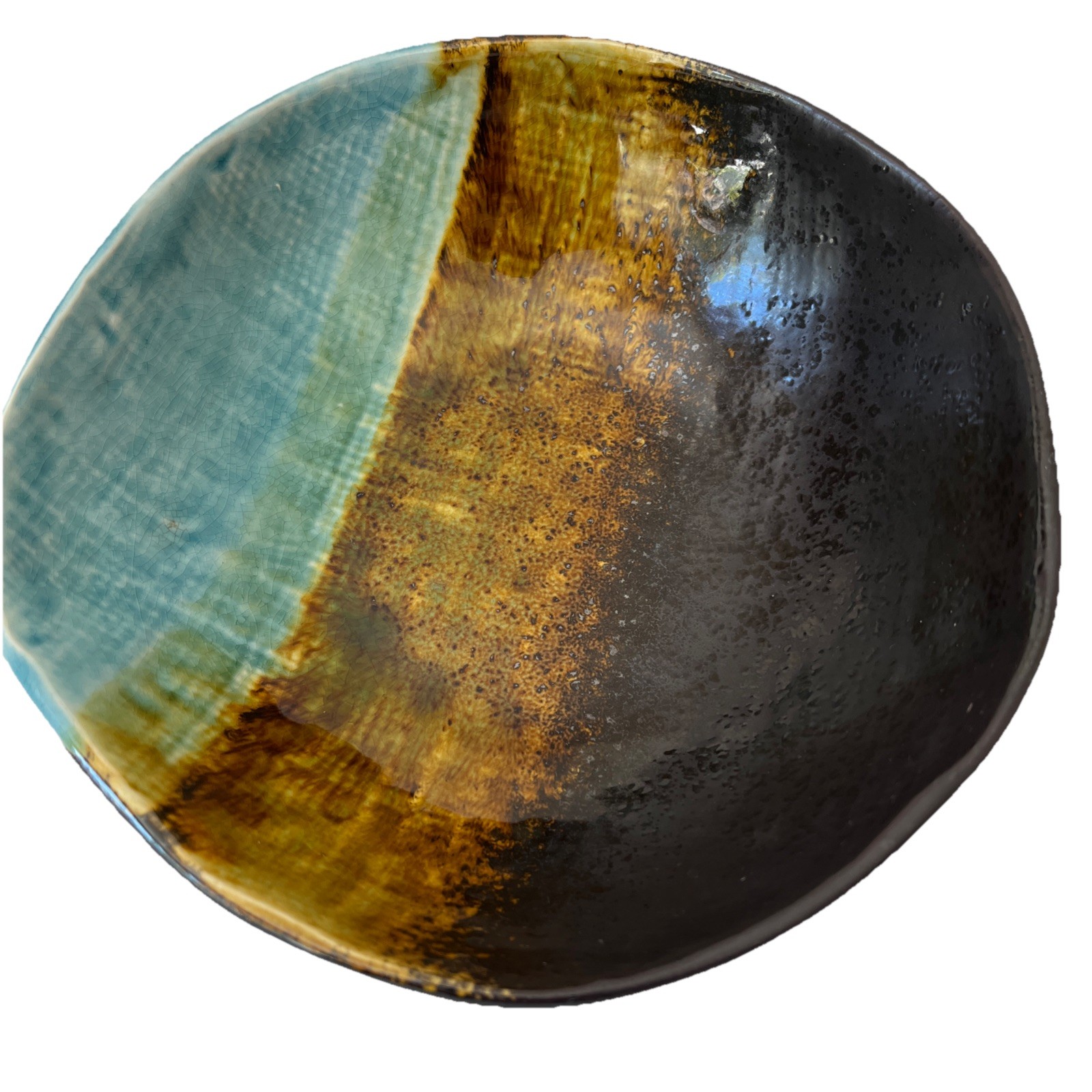Pier 1 Cassidy asymmetrical bowl -blue and brown crackled, textured glaze