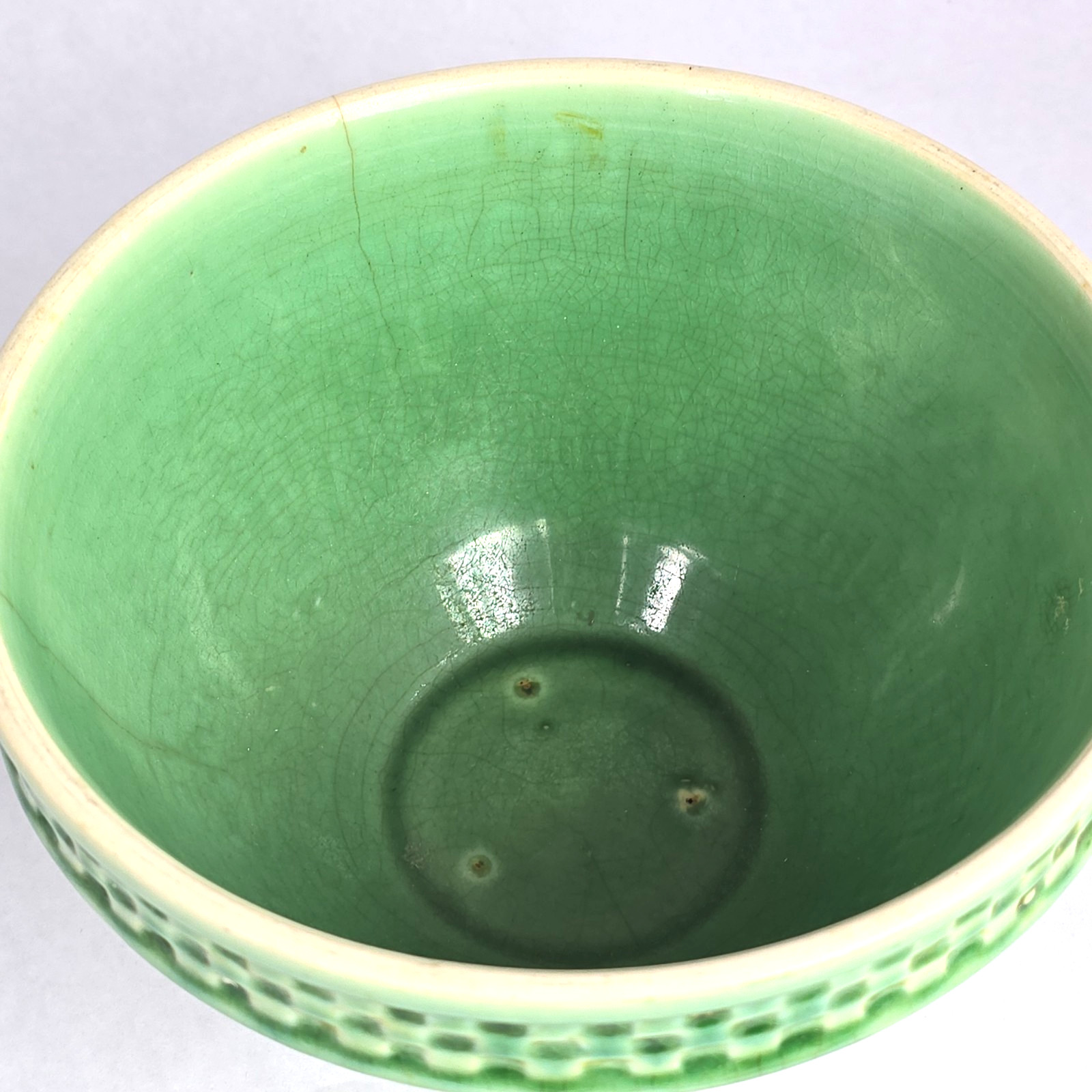 Antique McCoy Yellow Ware Pottery Green Checkerboard Mixing Bowl Med 7.75″