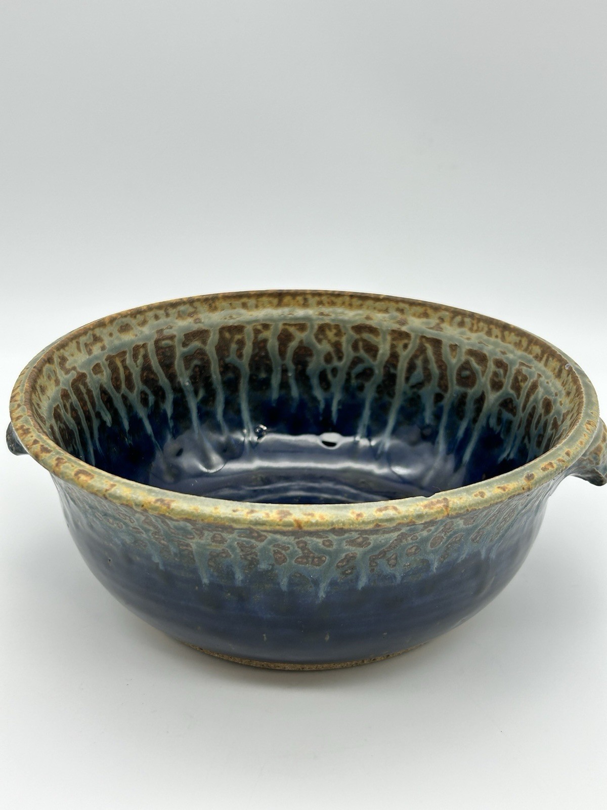 Art Pottery Stoneware Bowl Drip Glaze Blue Grey Tan, Vintage, 8.25” x 2.5”