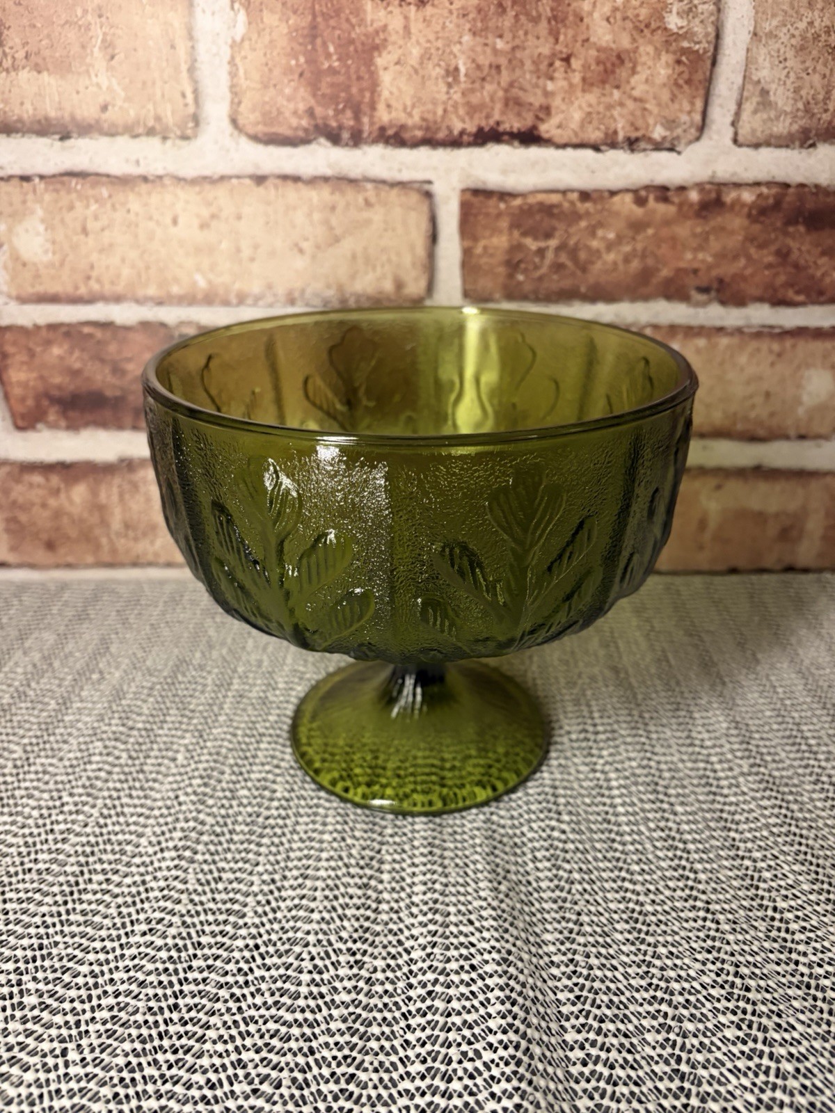 Vintage 1975 FTD Pedestal Planter Vase Bowl Candy Dish Green Glass Oak Leaf