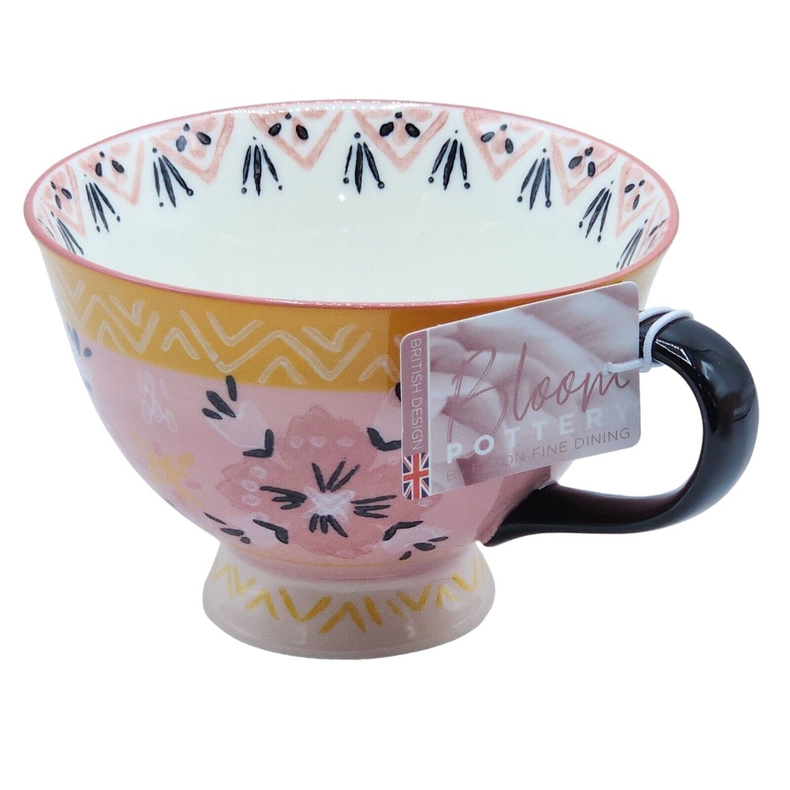 Bloom Pottery Set of 2 Pedestal Ceramic Tea Cups Coffee Mug Hand-Painted Floral
