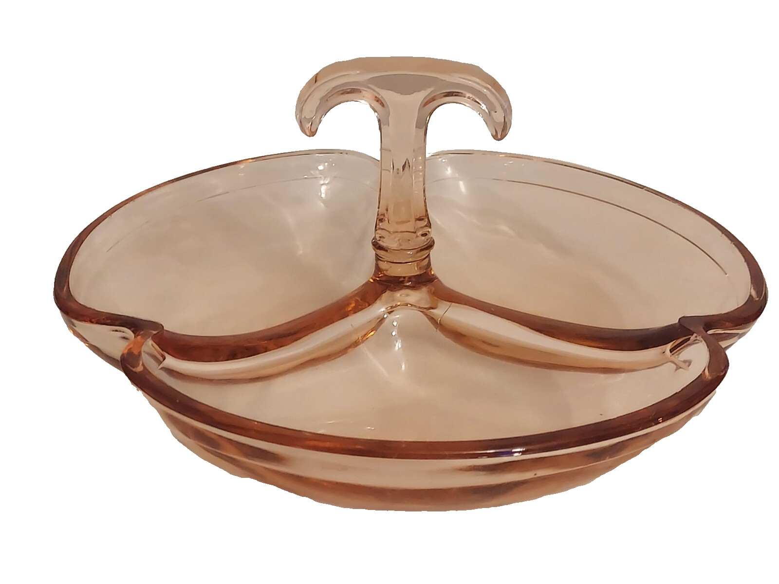 Heisey PINK FLAMINGO Elegant Glass LOBE Divided 3 Part SPICE DISH Center Handled