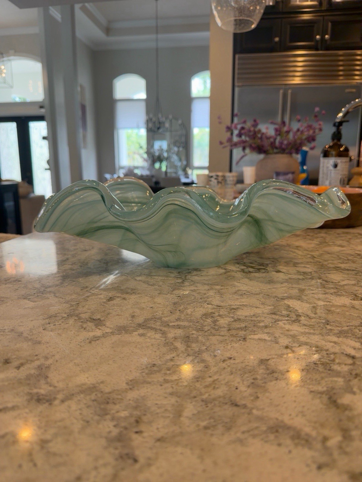 Murano Art Glass Hand Blown Ruffled Centerpiece Bowl | Seafoam Green 15.5” Italy
