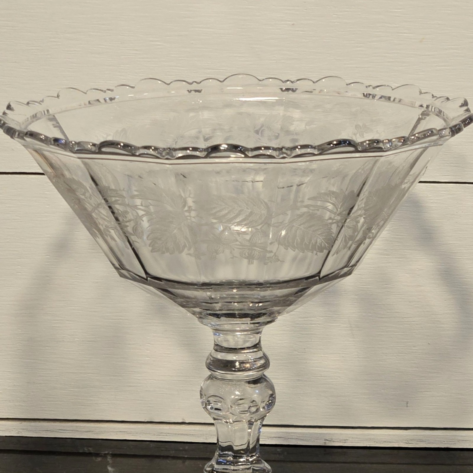 Antique Etched Glass Pedestal Compote Scalloped Rim Elegant Glass Bowl leaves