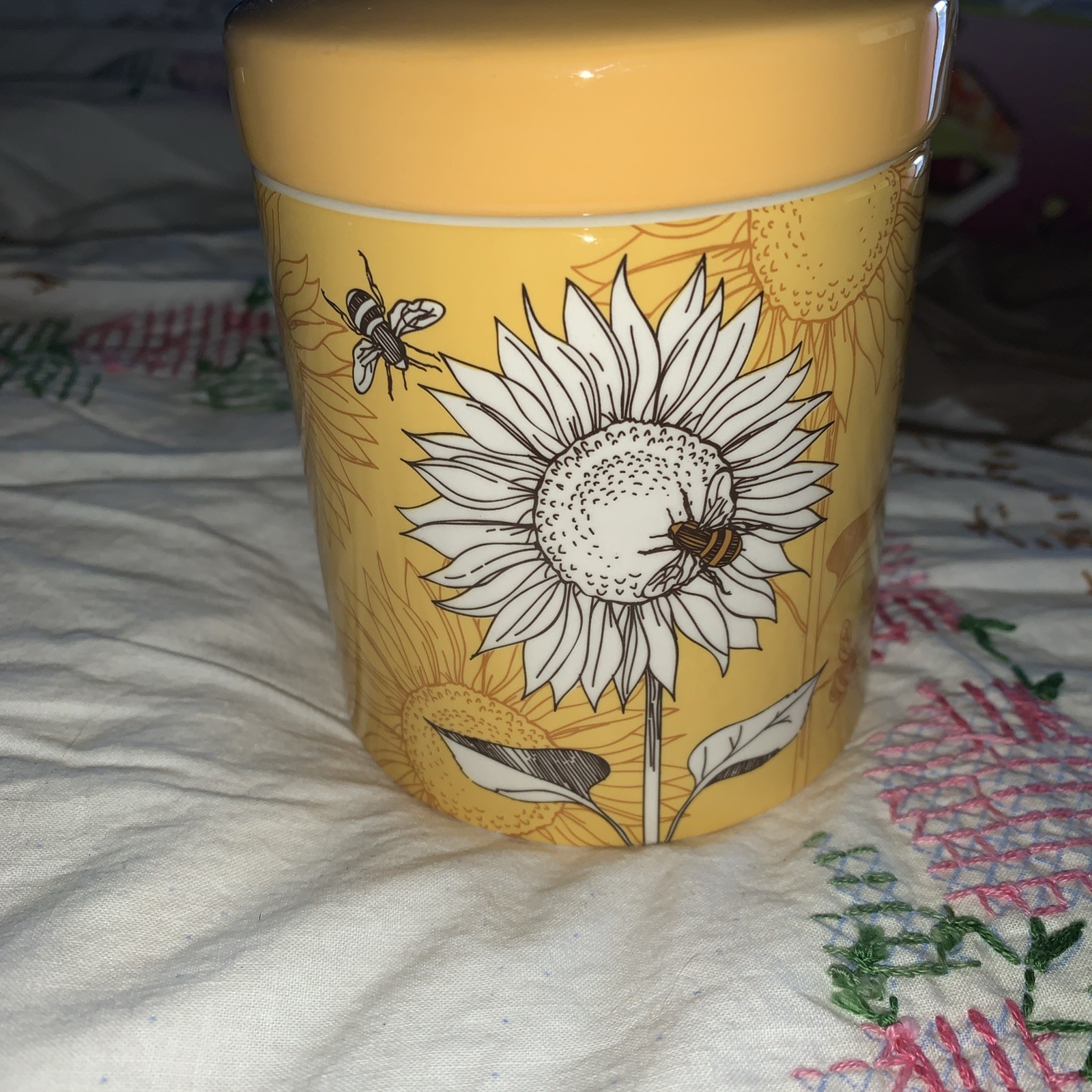 Covered Jar Small 6 “ Sunflower And Bees