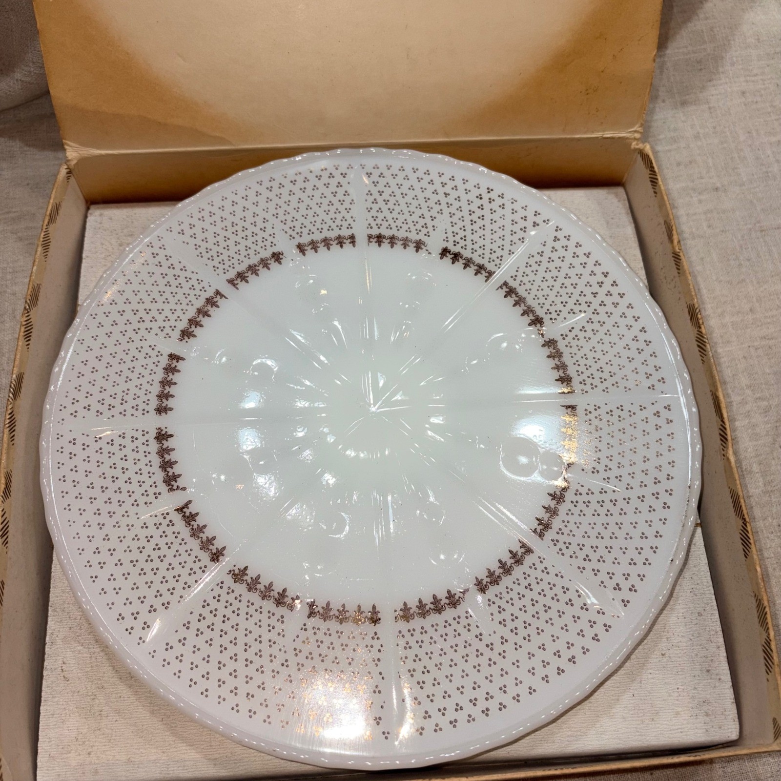 Anchor Hocking Ivory White Cake Plate 22K Gold Decorated Pedestal Stand