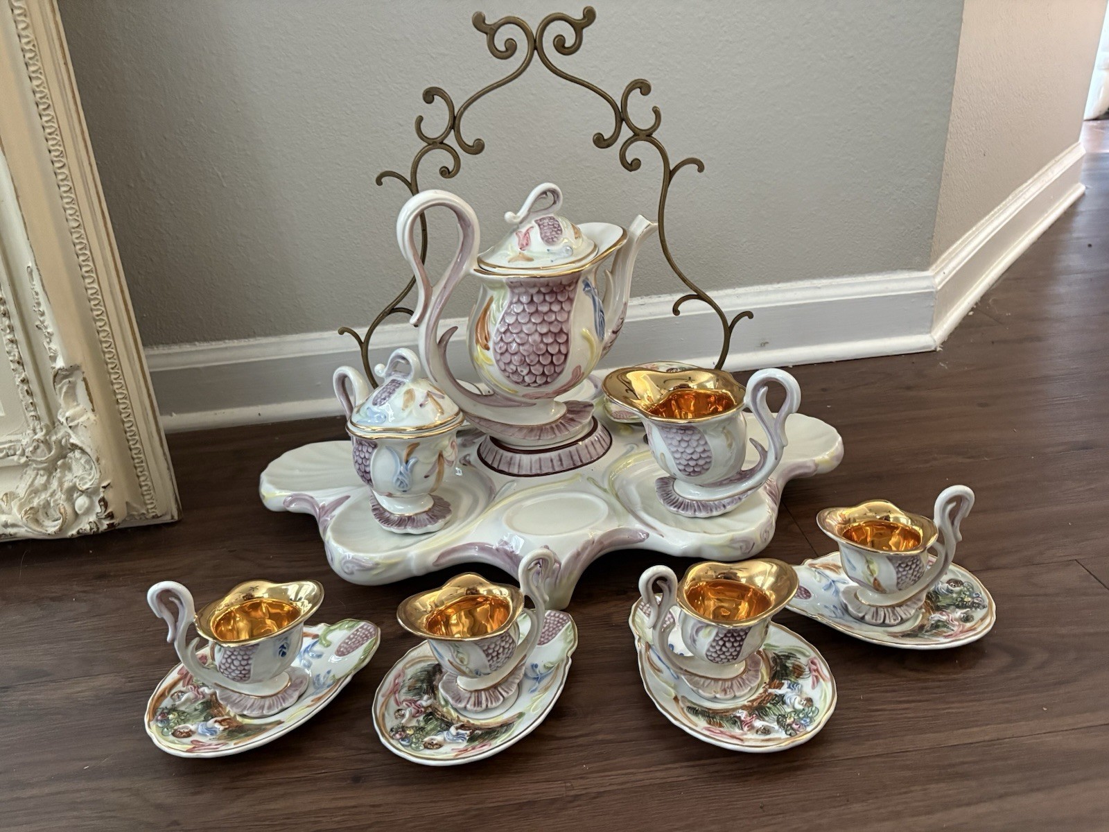 Vintage capodimonte 14 Piece Espresso Or Tea Serving Set On Stand Made In Italy