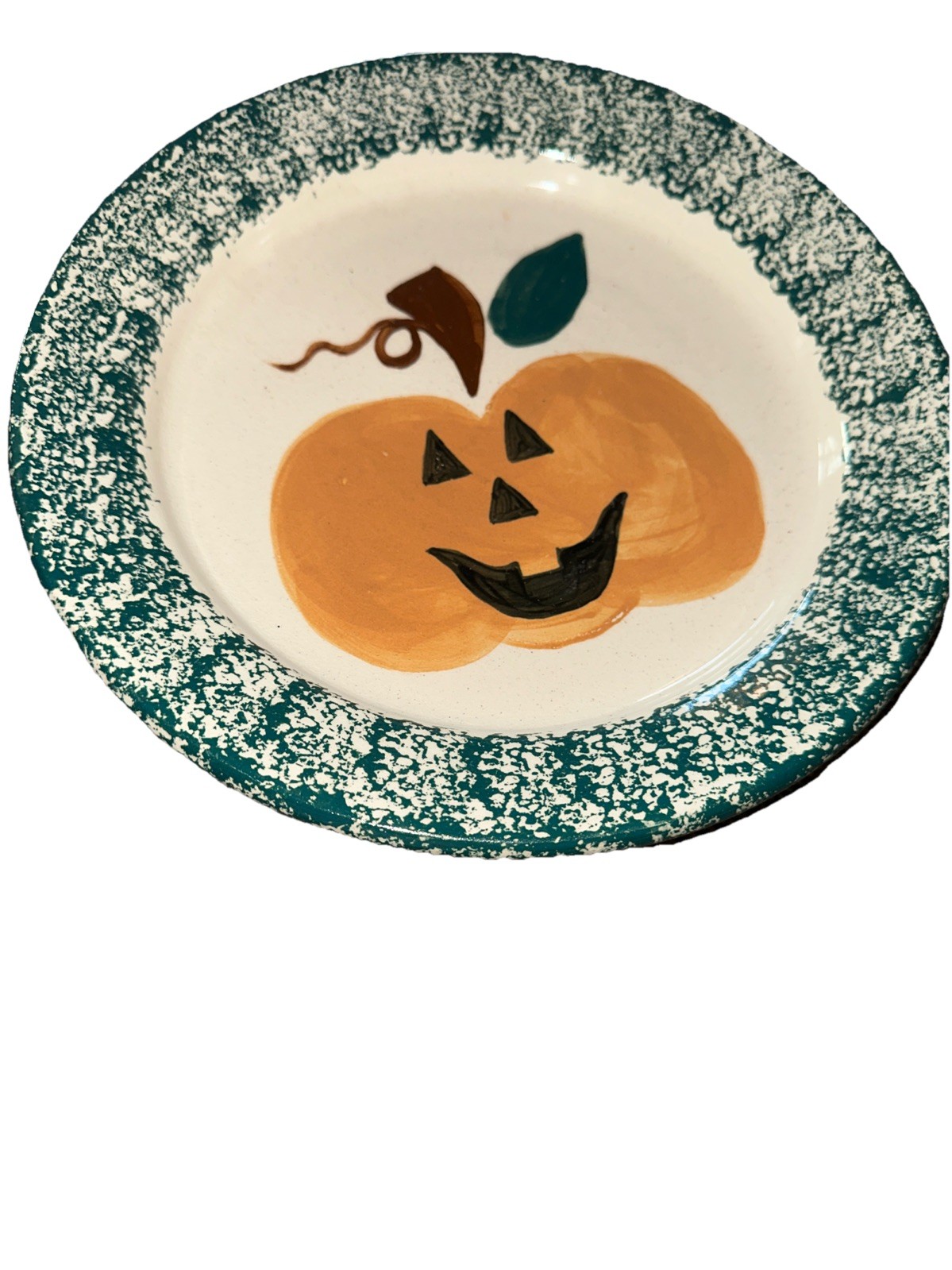 VTG 1992 Three Rivers Pottery Pumpkin 10″ Plate Flat Edge, Happy Pumpkin ￼