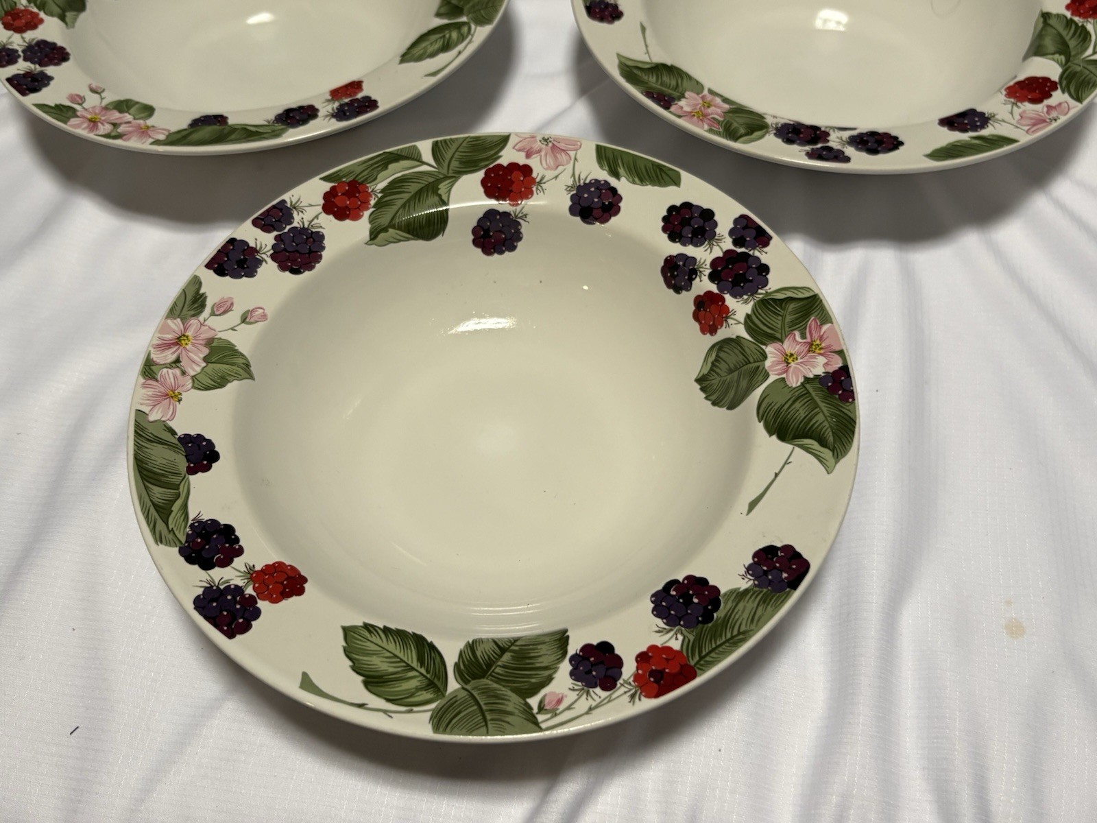 Three (3) Tienshan Stoneware Raspberry Social Rimmed 8 1/2” Soup Cereal Bowls