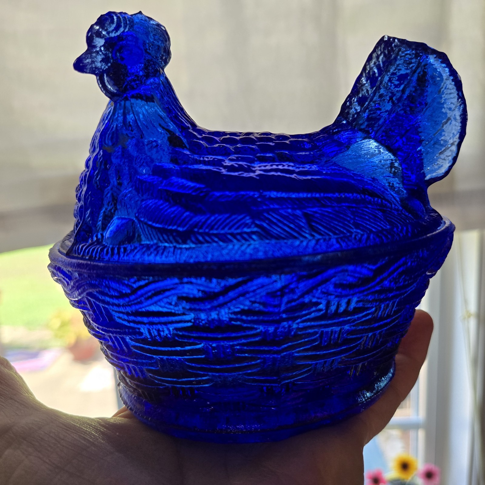 Hen on Nest Chicken Cobalt Blue Glass Style Dish 6 In Cottage Core Grandma Core
