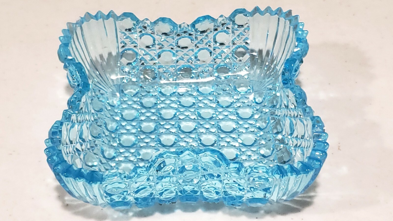 Antique EAPG Pinched Sides Banded Button Blue Fan Corners Glass Bowl